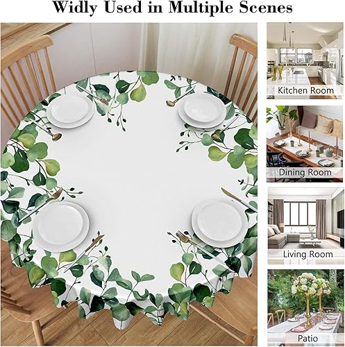 Miniatura 5 de MAST DOO Mantel redondo floral de 60 pulgadas, mantel de hojas de eucalipto, impermeable, resistente a las manchas, sin arrugas, para el hogar,