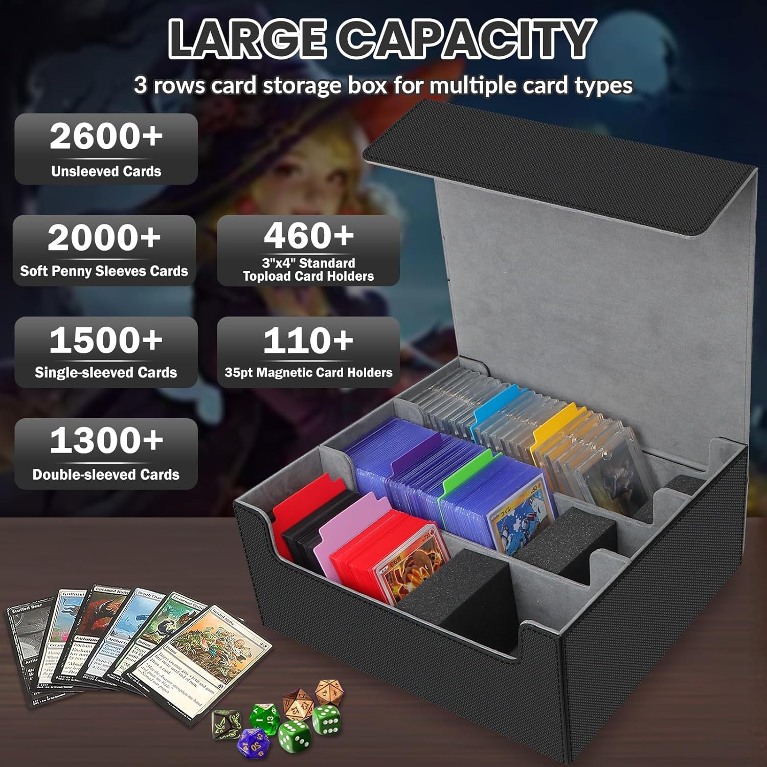Card Storage Box for Trading Cards, 2600+ Commander Deck Box, Storage Box Fits Toploader and One-Touch, Card Organizer for TCG, MTG, Sports Cards, with Card Dividers & Stoppers