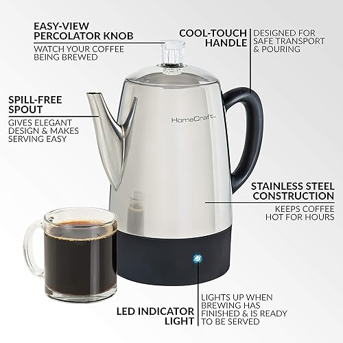 Miniatura 8 de Homecraft HCPC10SS - Cafetera de acero inoxidable para 10 tazas, boquilla de fácil vertido, luz indicadora LED, función de mantener caliente