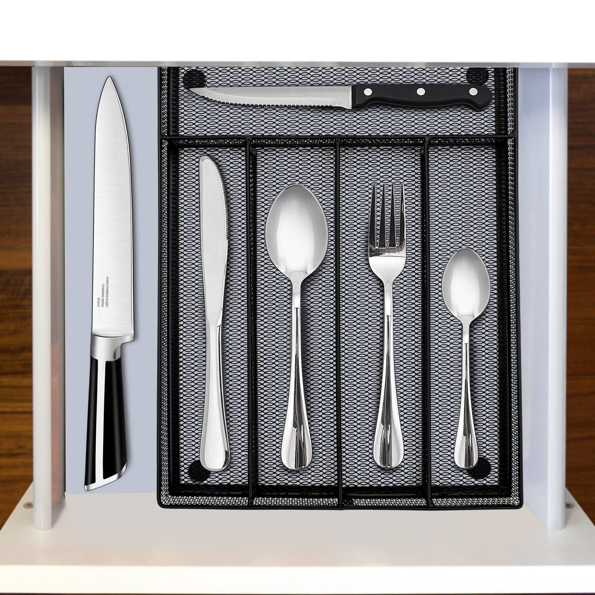 Herogo Range-Couverts Tiroir 5 Compartiments Maille Métallique Noir - 31,8 X 23,7 X 5 Cm
