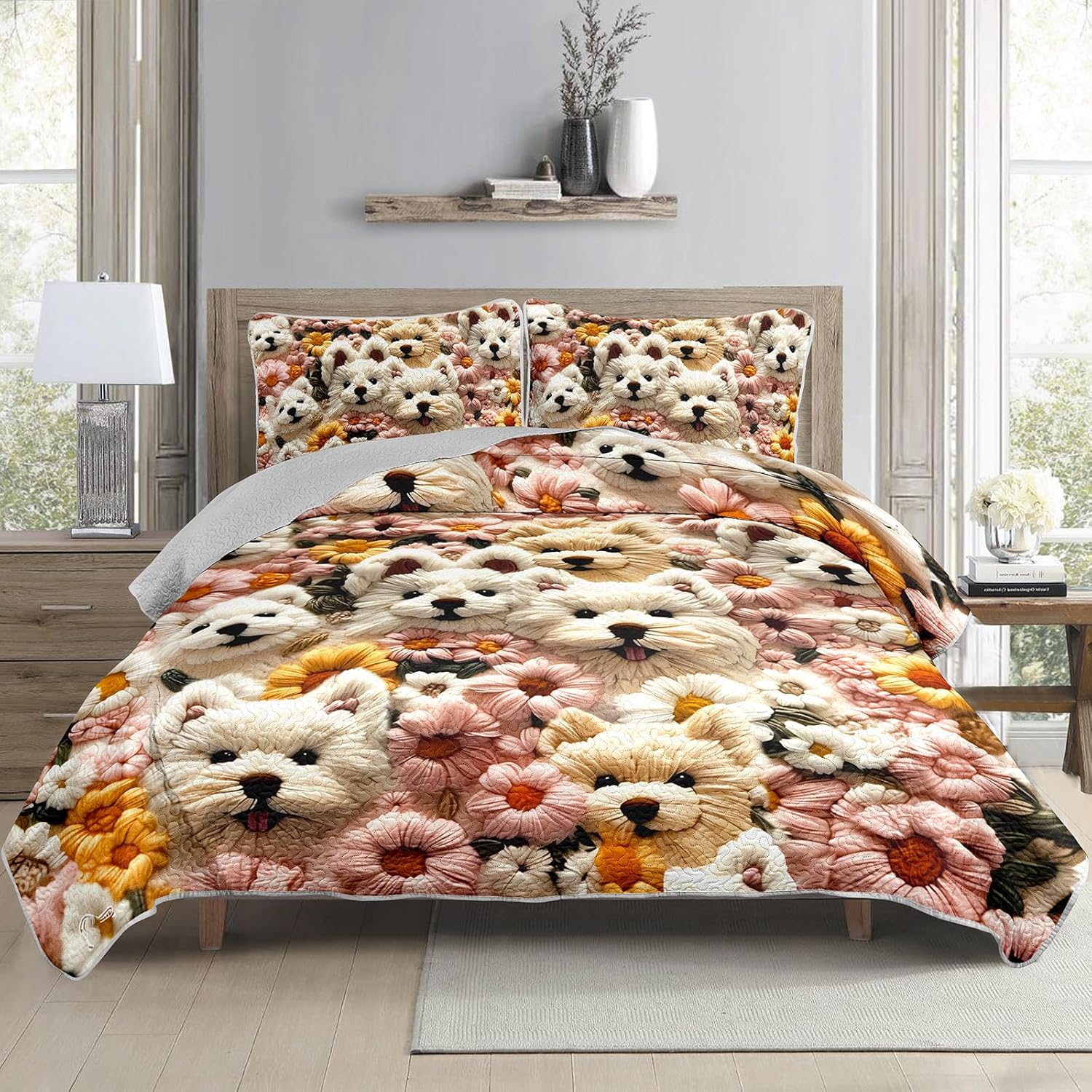 QOOMO Cartoon Dog Kids Quilt Set,3 Pieces Cute Flowers Bedspreads Coverlet Set Full/Queen Size,Soft Microfiber Lightweight Bedding Set with 1 Quilt 2 Pillowcases for All Season