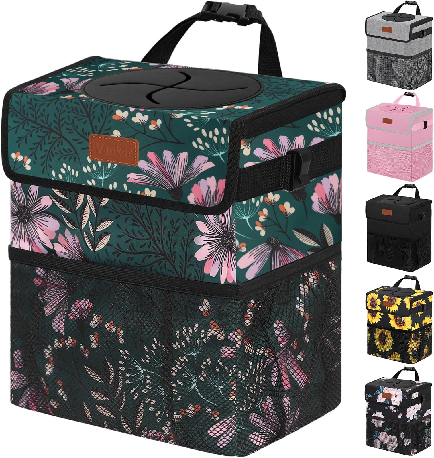 Car Trash Can for Car Cute, Bag Bin Hanging Waterproof Automotive Garbage Cans Leak Proof Vehicle Trash Can Navy Floral