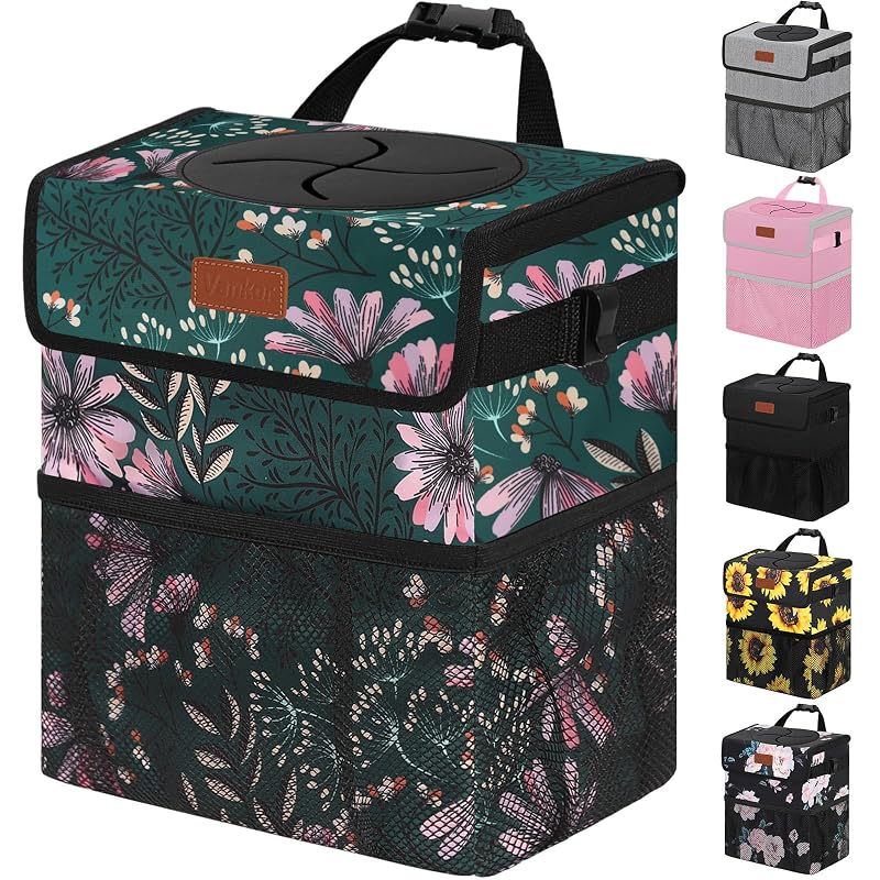 Lixeira Automotiva Vankor com Tampa, Revestimento PEVA e 3 Bolsos, Navy Floral, 11,4 L