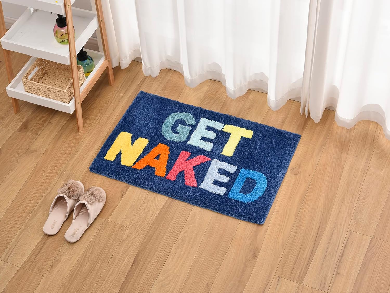 Colorful Get Naked Bath Mat, Blue Funny Tufted Bathroom Rug, Water Absorbent Non-Slip Bathroom Floor Mats, Soft Microfiber Woven Mat