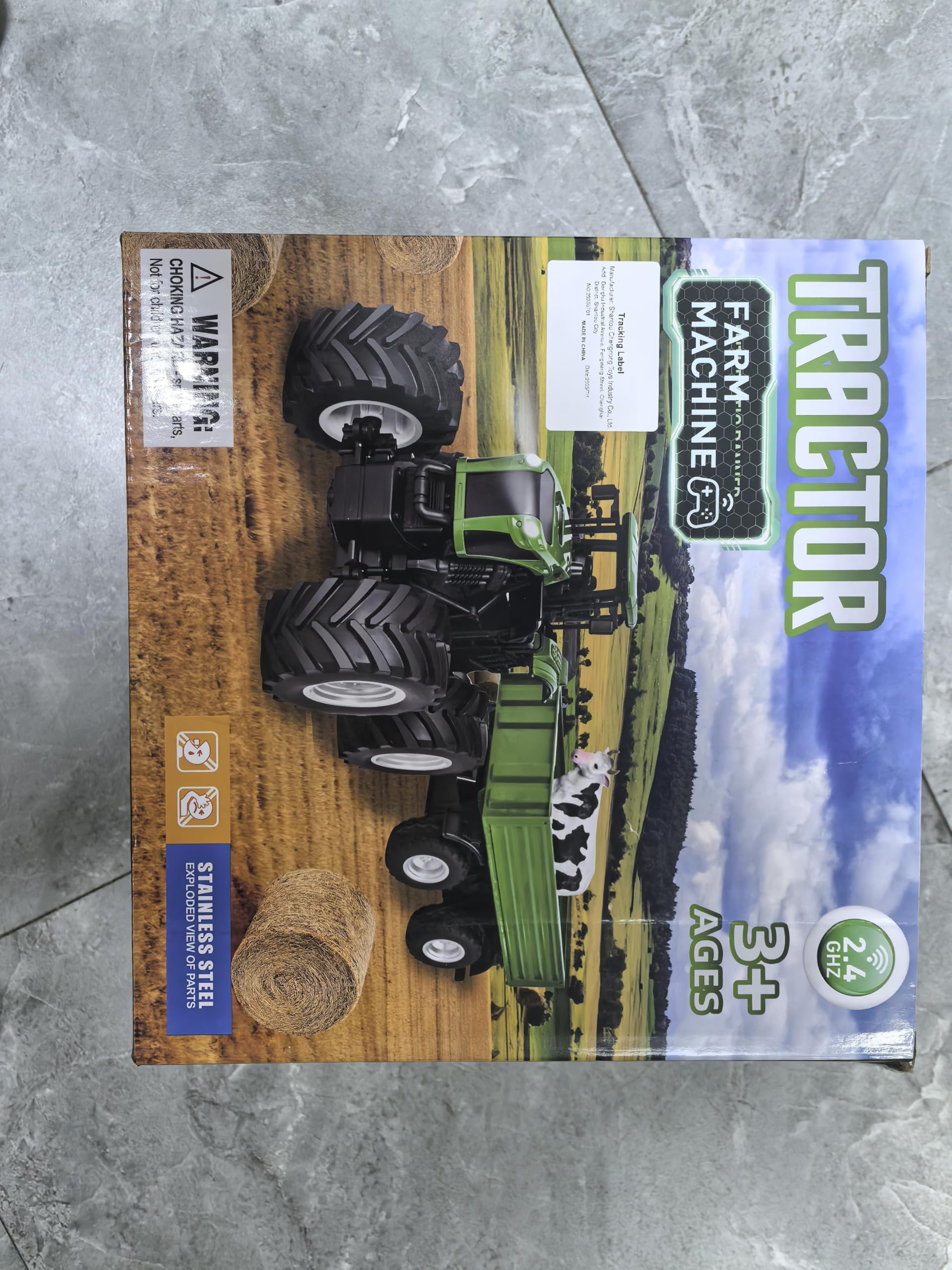 fisca Tractor teledirigido con remolque de elevación e inclinación, camión de juguete con sonido y luz, 6 tacos de madera, adecuado para niños y niñas a partir de 3, 4, 5 y 6 años, juguete de granja