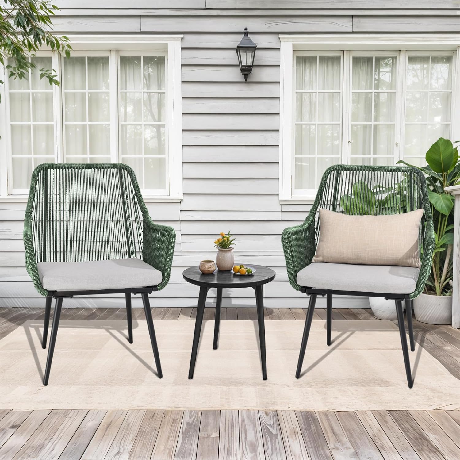 Patio Dining Chairs Outdoor Dining Chairs Set of 4, Woven Twisted Wicker Rattan Chair with Armrest and Cushion, Modern Indoor Outdoor Seating for Garden, Lawn, Backyard, Green
