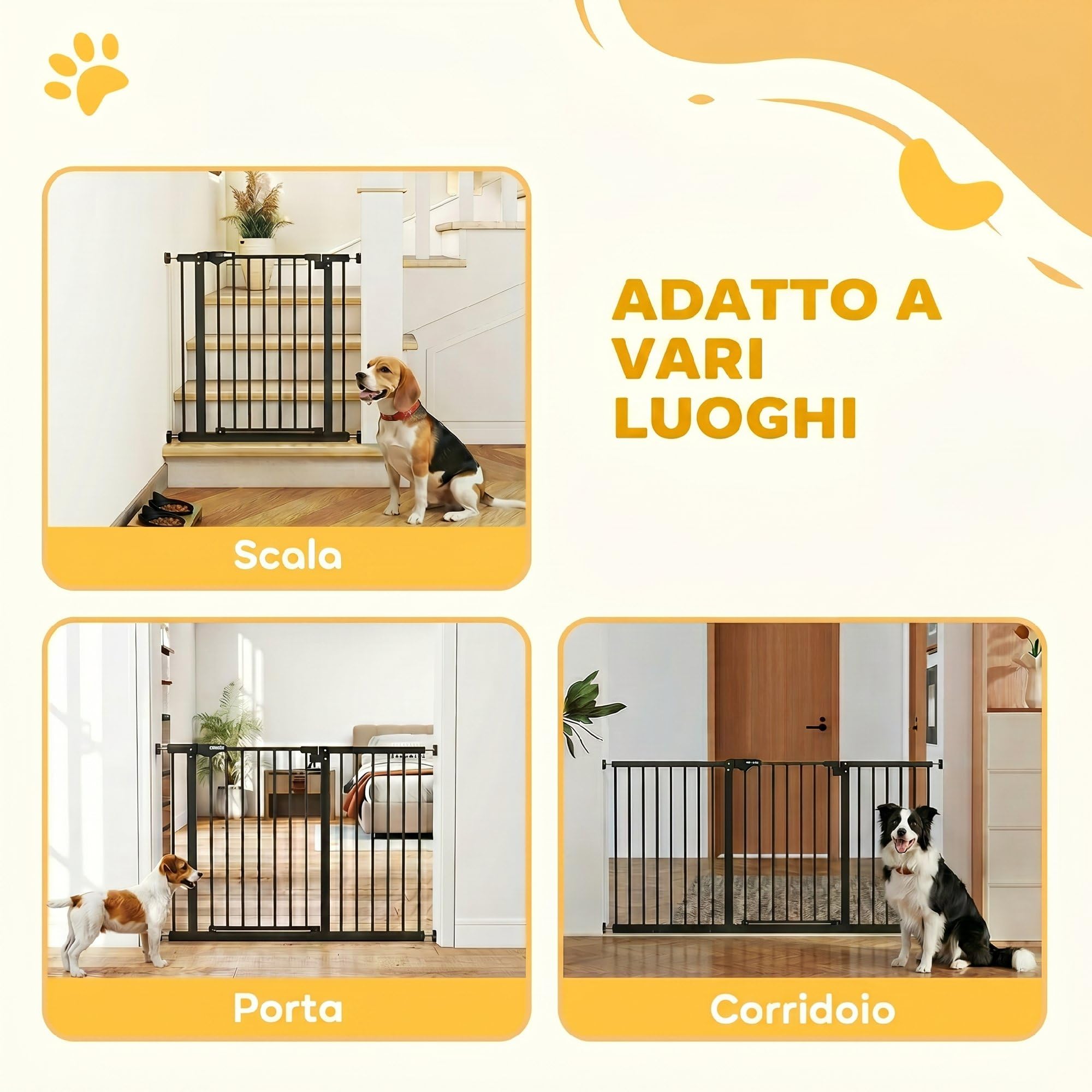 PawHut Cancellino per Cani e Animali Domestici 3 Estensioni Larghezza Regolabile Fine a 147.5 cm, Cancello per Cani con Fissaggio a Pressione Senza Fori e Chiusura Automatica, Nero