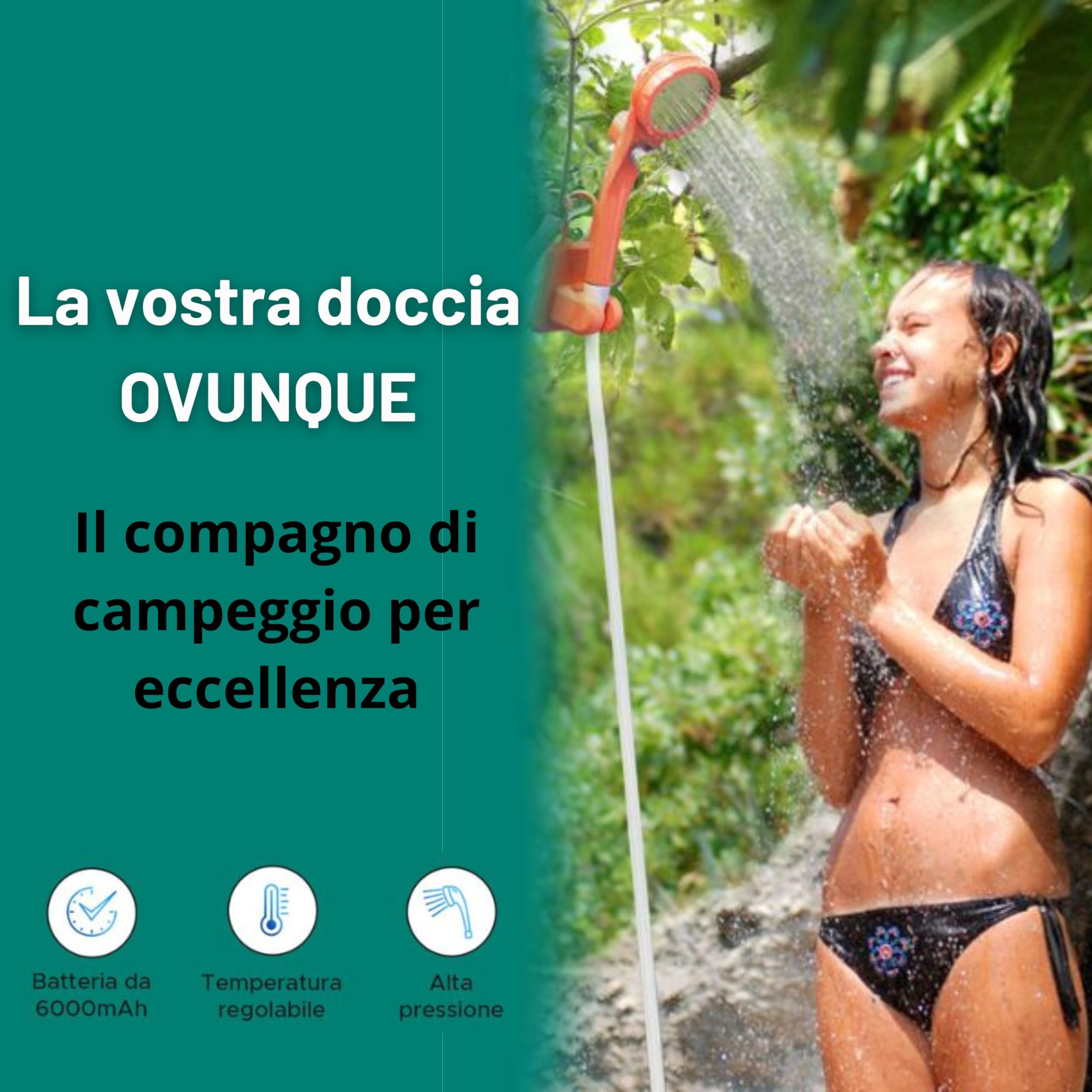 Doccia Portatile Ricaricabile, Doccia da Campeggio, Doccia Esterna per Camper Van Auto e Giardino, Pompa a Batteria 6000 mAh, Tubo 2 m, 3 modalità di Pressione, Display Digitale Temperatura