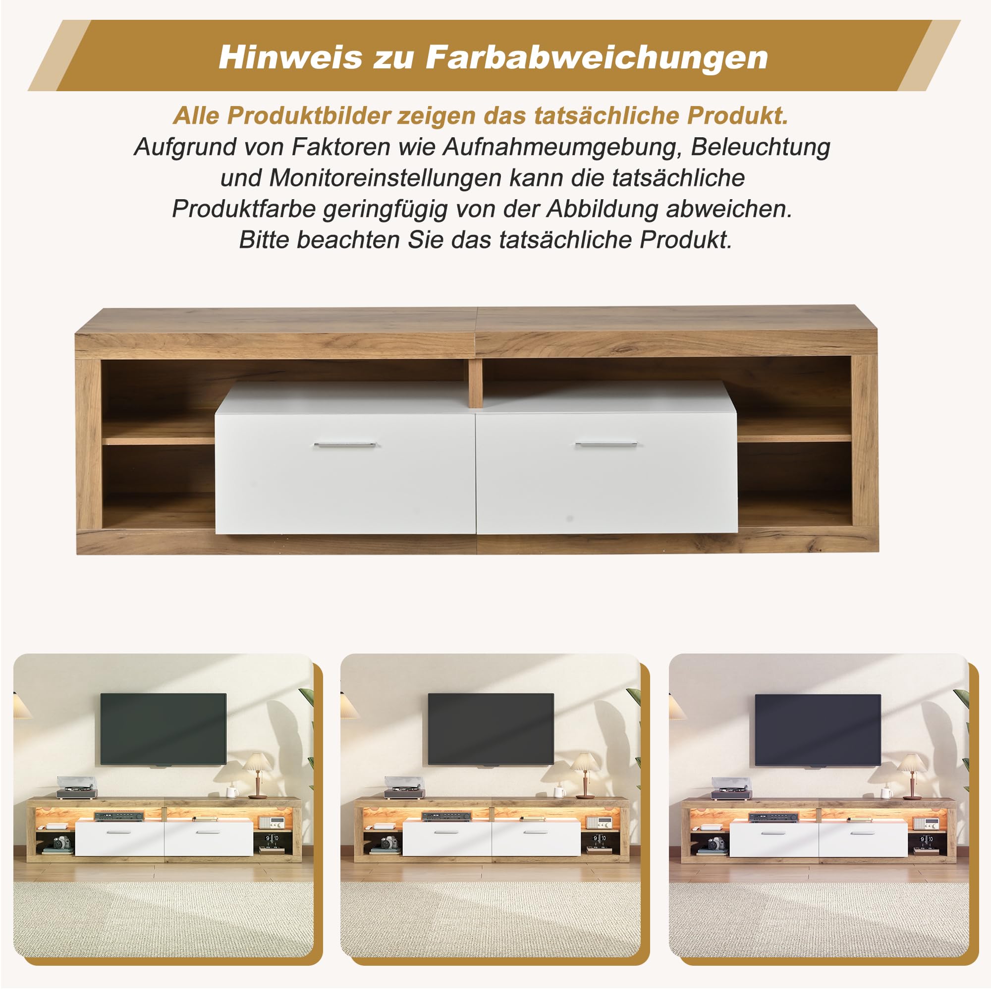 Meuble TV 180 cm, Meuble Tele avec LED Connectée (APP), 2 Tiroirs, 4 Étagères Ouvertes, pour TV 75 Pouces, Bois Clair et Blanc, 180x35.5x50 cm