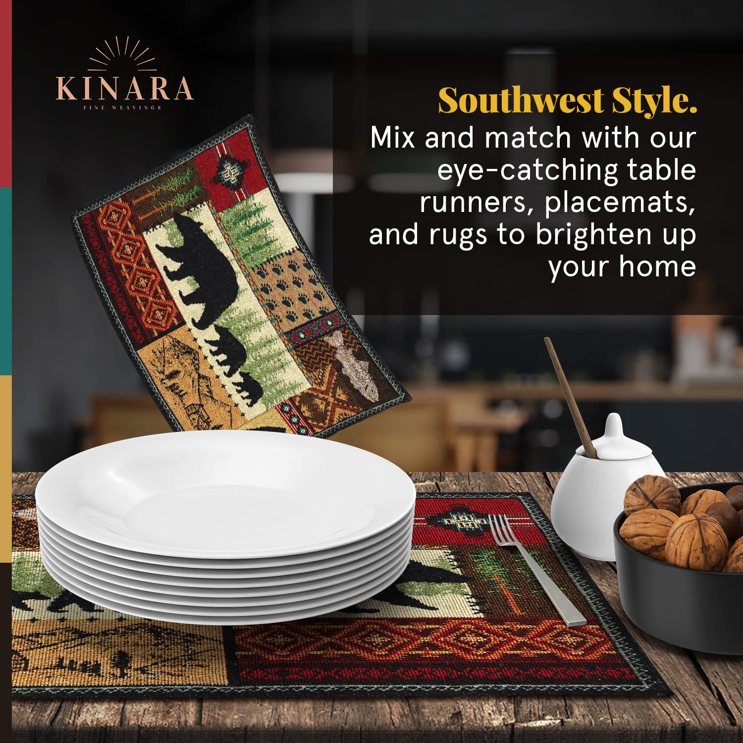 Kinara Lodge Platzdeckchen 4er-Set – Cabin quadratische Tischsets mit Schwarzbär, Elch, Hirsch, Jagd, Wildnis rot