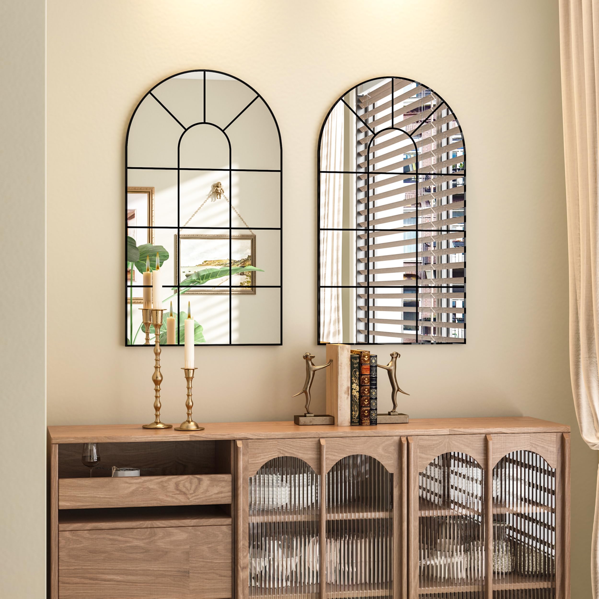 Gewölbte Fenster Wandspiegel, 80x50cm, dekorativer Spiegel, Eitelkeitsspiegel für Badezimmer, Schlafzimmer, Wohnzimmer, Fensterscheibe Spiegel, Bauernhaus Spiegel für Wand Dekor, Schwarz