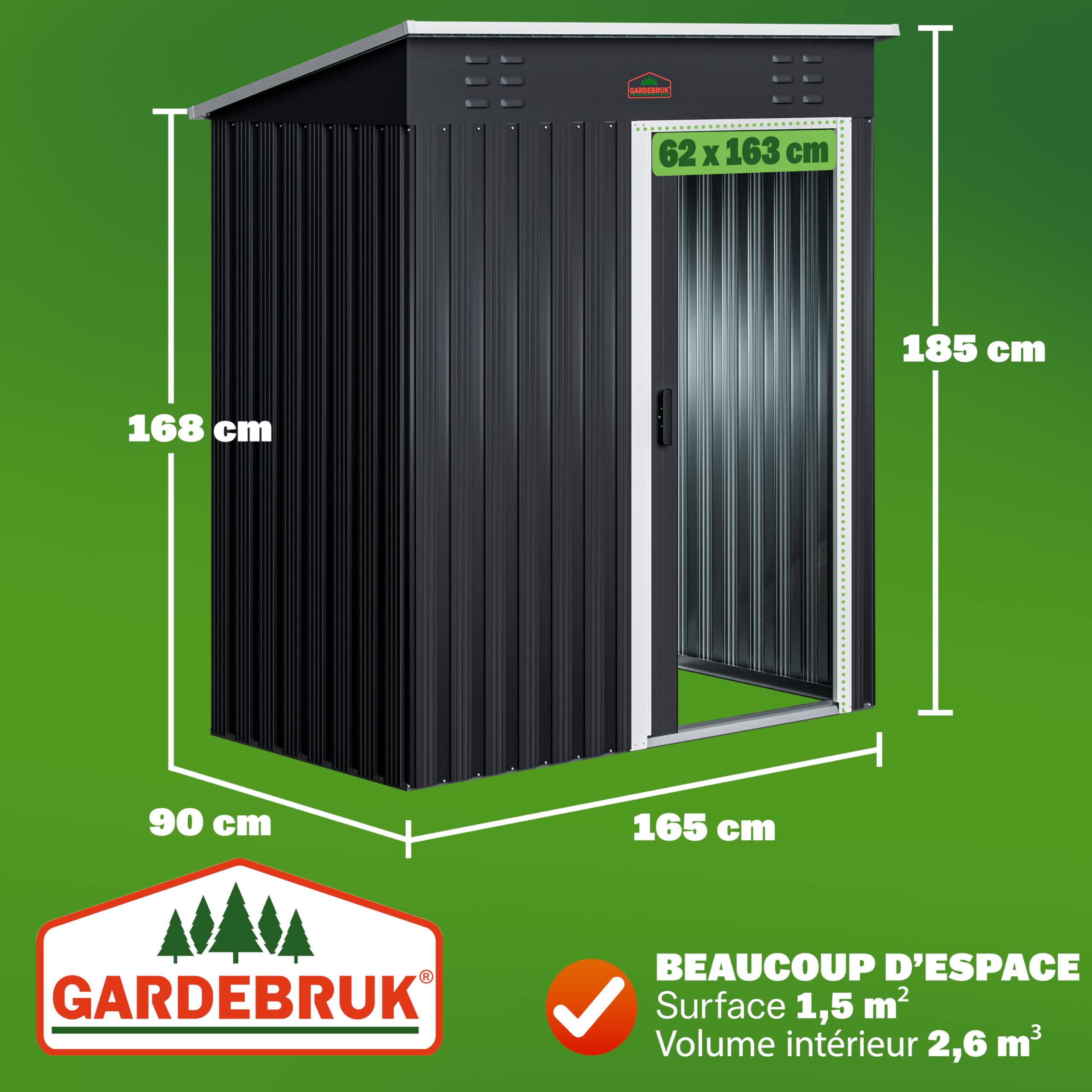 GARDEBRUK® Abri de Jardin métal Inoxydable 185x165x90cm 1,5m² Crochets 20kg Gants Porte coulissante Anthracite cabane Jardin cabanon Rangement Outils