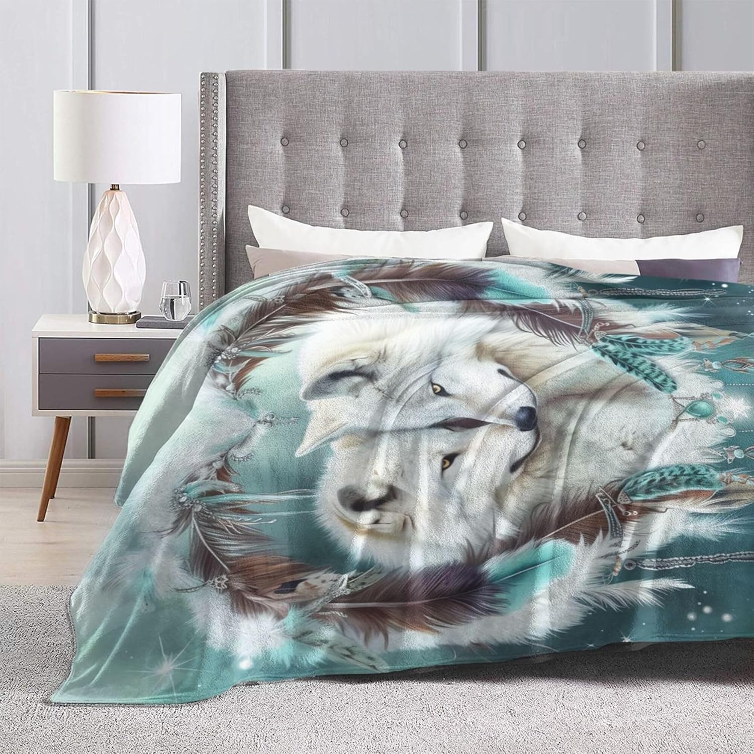 Navajo Light Teal Wolves Fleece Blanket for Bed 60"X50" - Soft Cozy Warm Lightweight Plush Flannel Animal Throw Blanket for Couch Sofa-Wolf Gifts Blanket for Women Men