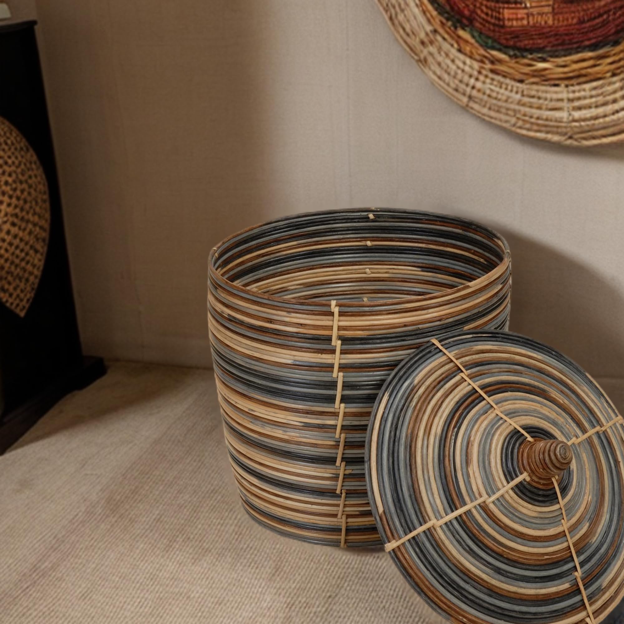 Mehrfarbiger Flechtkorb Deckelkorb Rattan, Aufbewahrungskorb aus Rattan mit Deckel Groß (L)