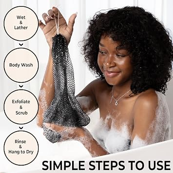 African Net Sponge Authentic - 2 Pieces Body Back Scrubber Bath Sponge with Knots - Afro Loofah Exfoliator Wash Cloth - African Body Care Daily Use Bathing Accessories (Black)