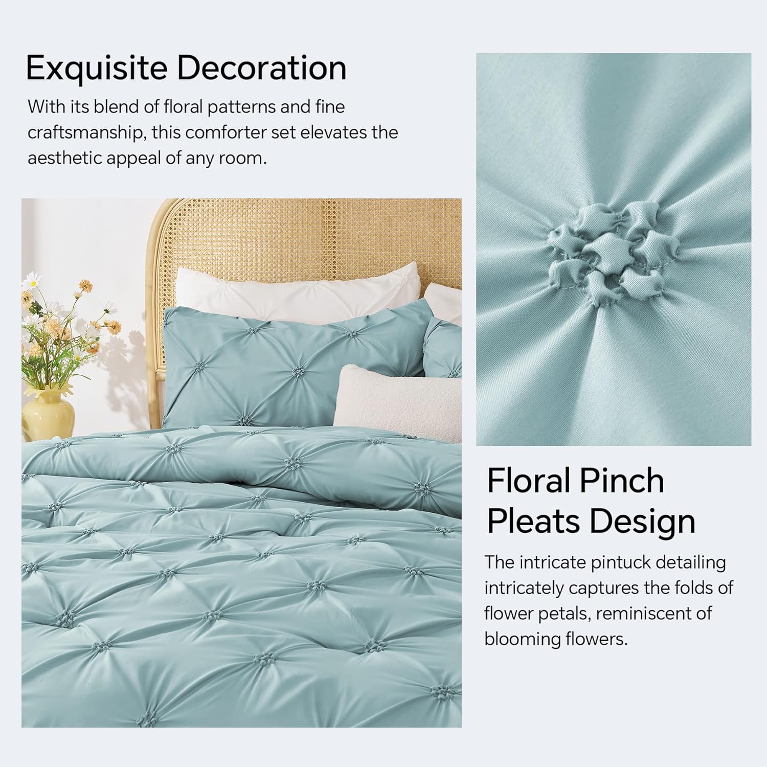 BEDELITE Dusty Blue Queen Comforter Set - 3 Pieces Boho Pintuck Bedding Comforter Sets, Lightweight Soft & Warm Bed Comforter Queen with 2 Pillowcases for All Season - Image 4