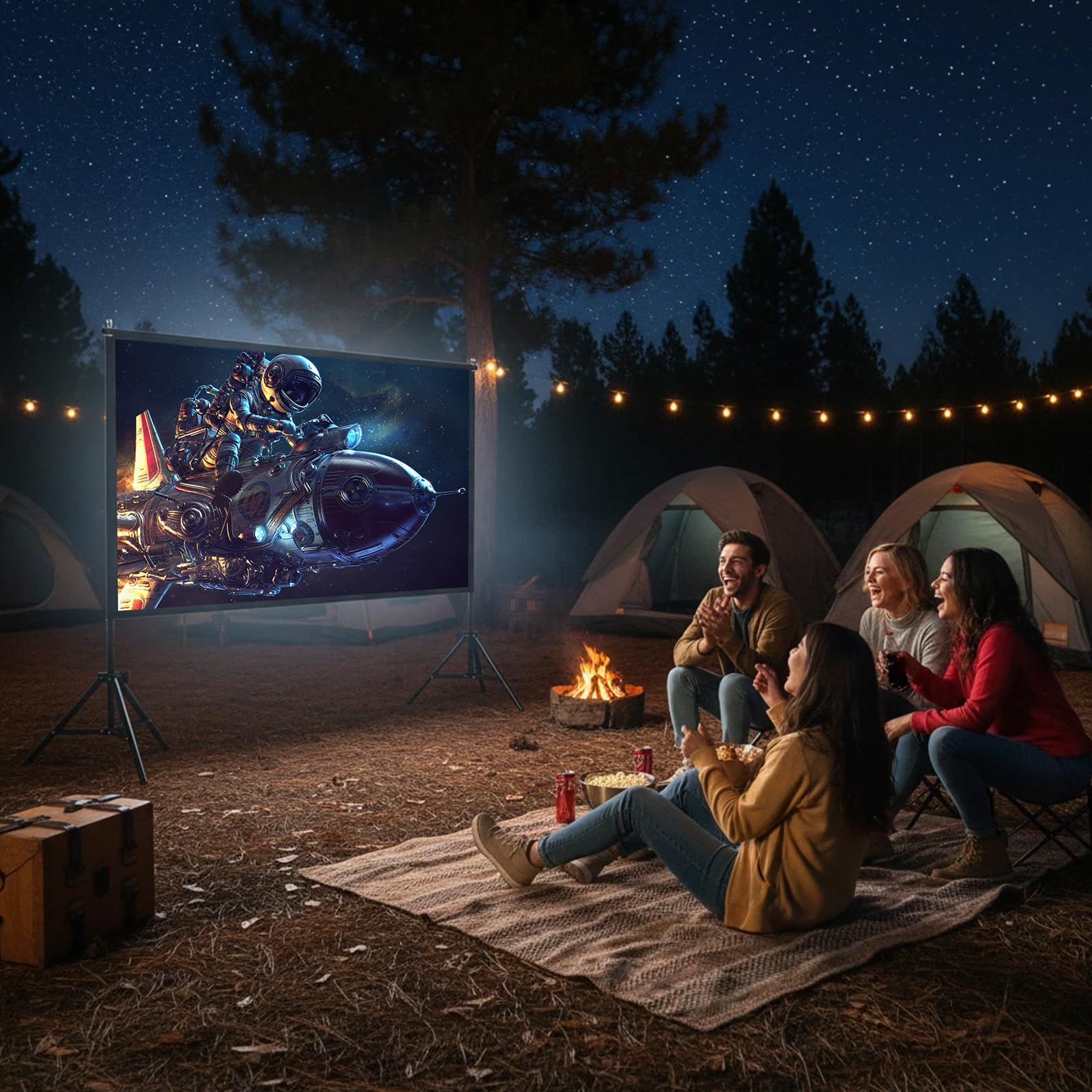 wootfairy Projektor-Leinwand mit Ständer, 120 Zoll, tragbar und faltbar, für Innen- und Außenbereich, 16:9, 4K-HD, Rückseite vorne, faltenfrei, Filmleinwand mit Tragetasche für Heimkino, Hinterhofkino