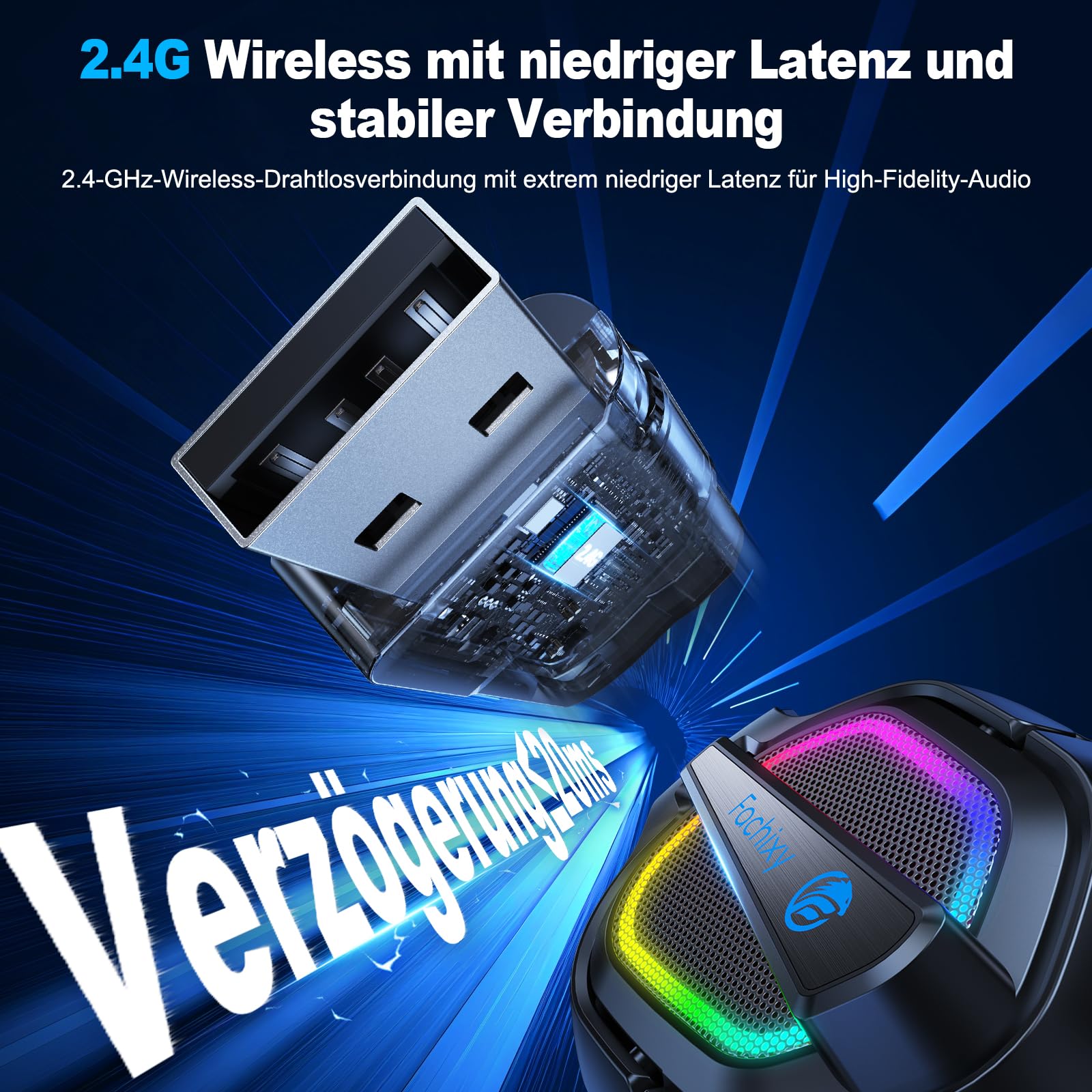 Fachixy FC200 Wireless Gaming Headset, 2.4GHz Bluetooth 5.4 Headset mit Mikrofon für PS5, PS4, PC, Switch, Gaming Kopfhörer Kabellos, Geringe Latenz Noise Cancelling, mit LED Licht, 50H Akkulaufzeit