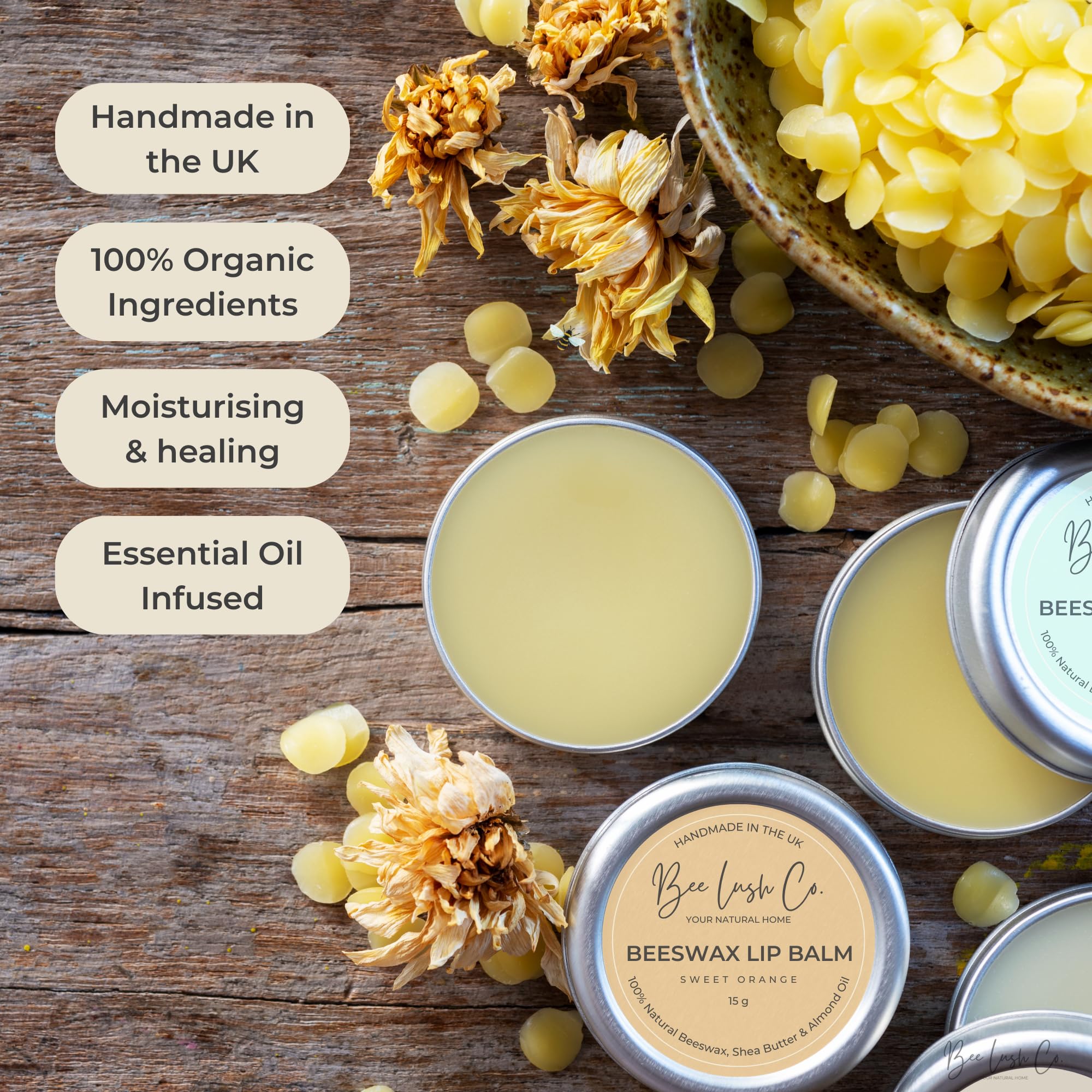 BeeLushCo Beeswax Lip Balm, 100% Natural Bees Wax, Shea Butter, Almond Oil & Essential Oils, Organic, Plastic Free - Image 4