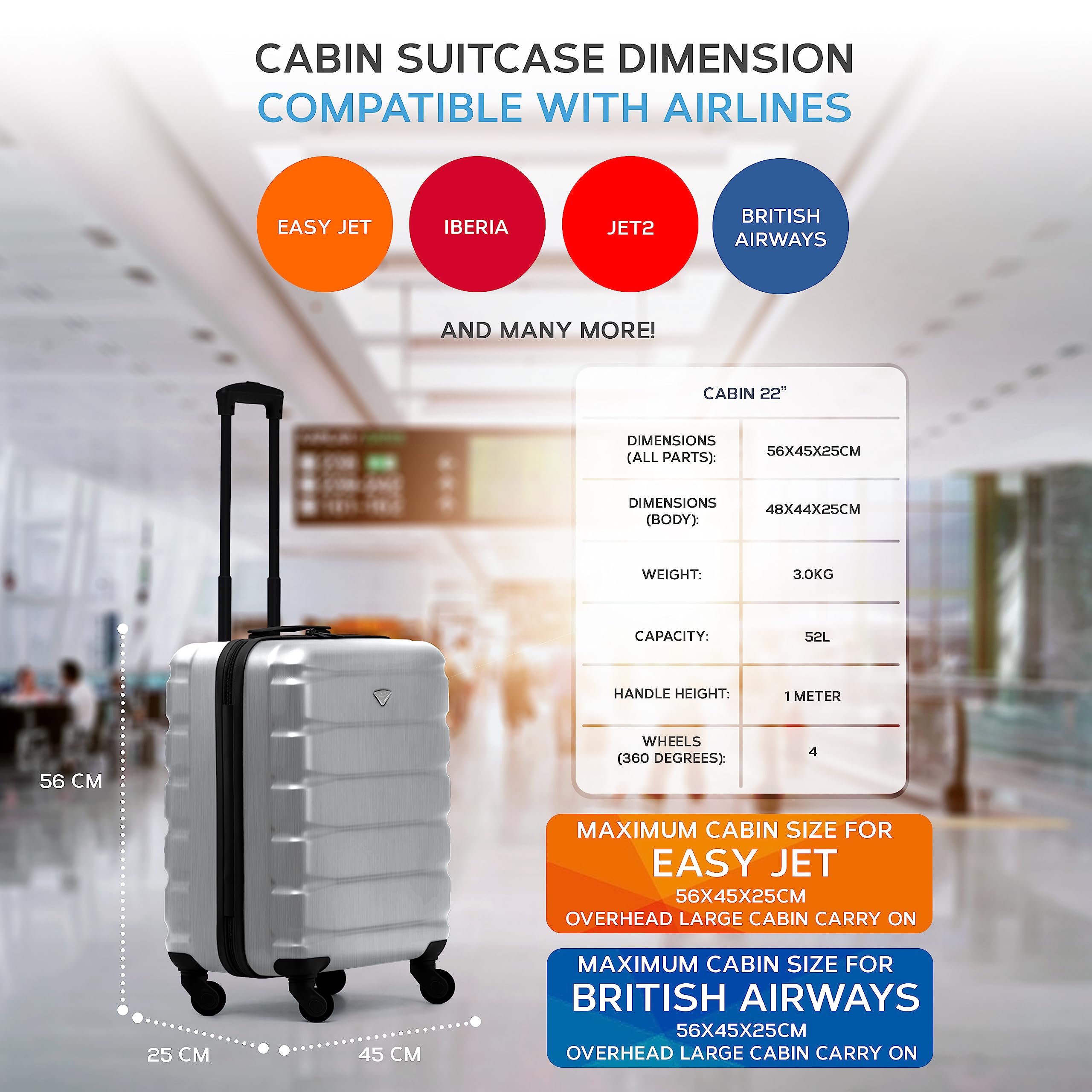 Flight Knight 56x45x25 EasyJet Cabin Bag, Jet2, British Airways Suitcase - Lightweight Small Durable 4-Wheel Cabin Case, Maximum Carry-On Size, ABS Hard Shell, 10kg Hand Luggage Bag- 56 x 45 x 25