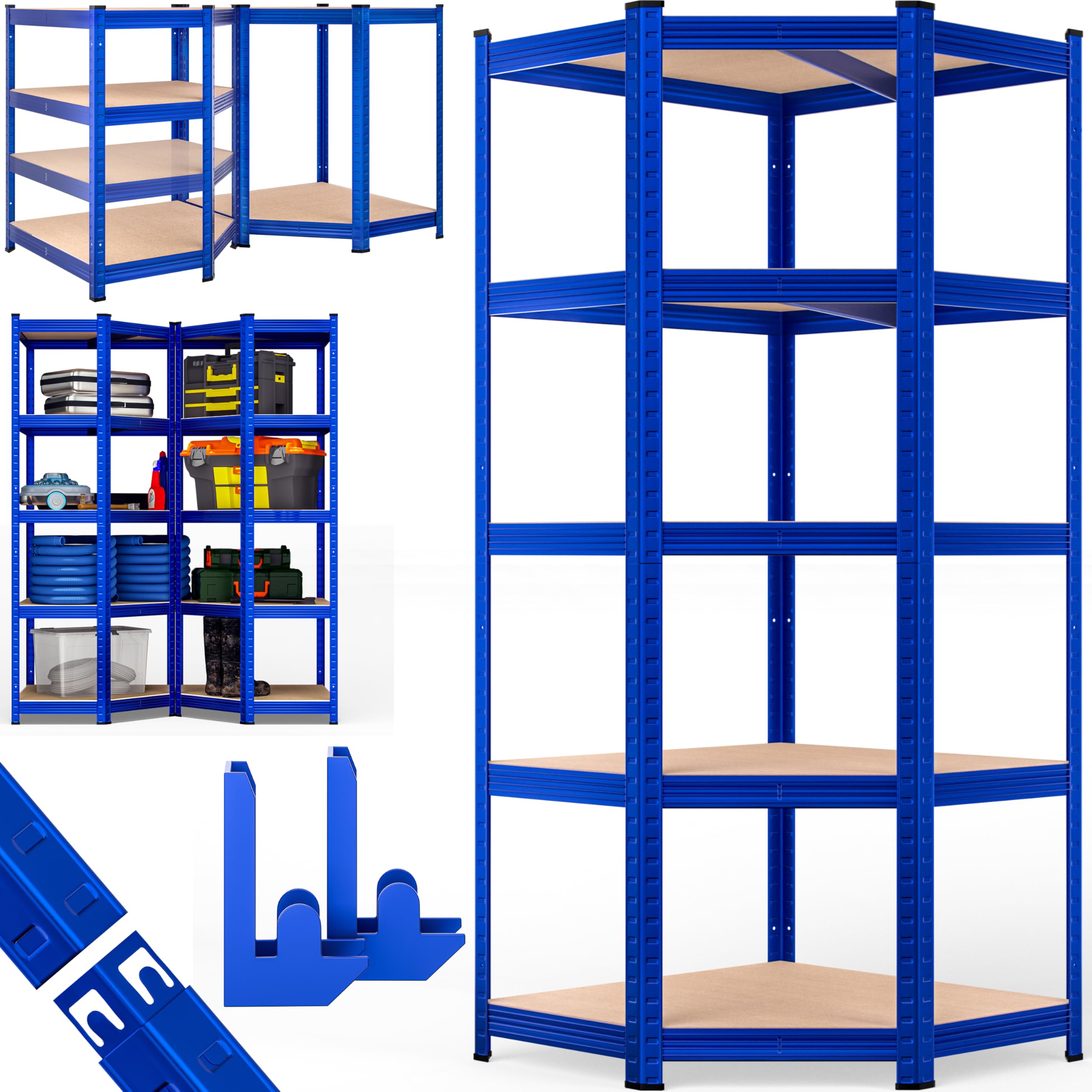 Monzana® 5 Tier Heavy Duty Corner Metal Shelving, Garage Shelves Corner Shelf Unit - Galvanised Steel Adjustable Shelving Units for Storage Unit Warehouse Shed Basement | Blue Shelves