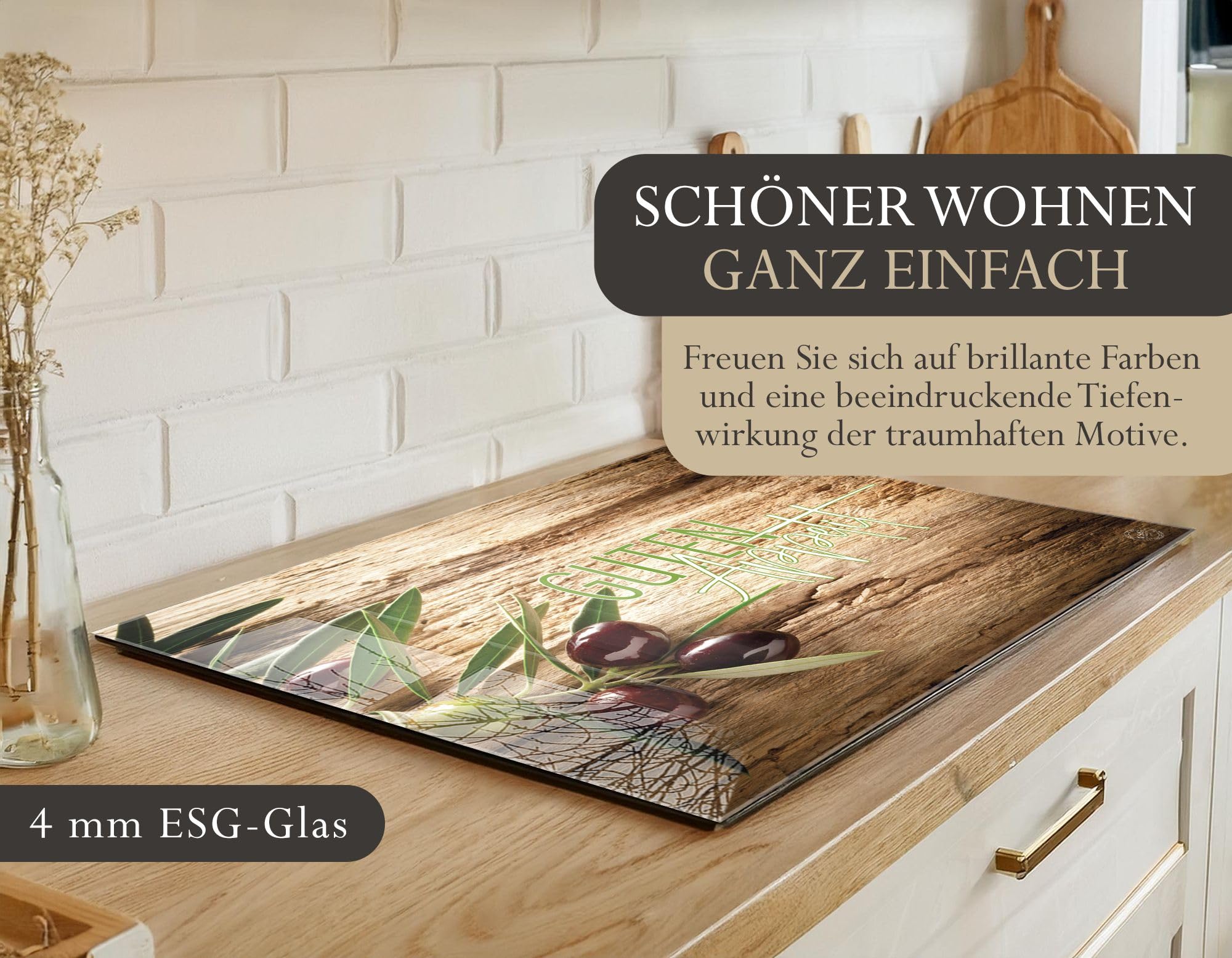 Herdabdeckplatte 80x52 cm einteilig – Oliven Guten Appetit | ESG Glas Ceranfeldabdeckung, Schneidebrett, für Ceranfeld, Herd, Induktion, Küche