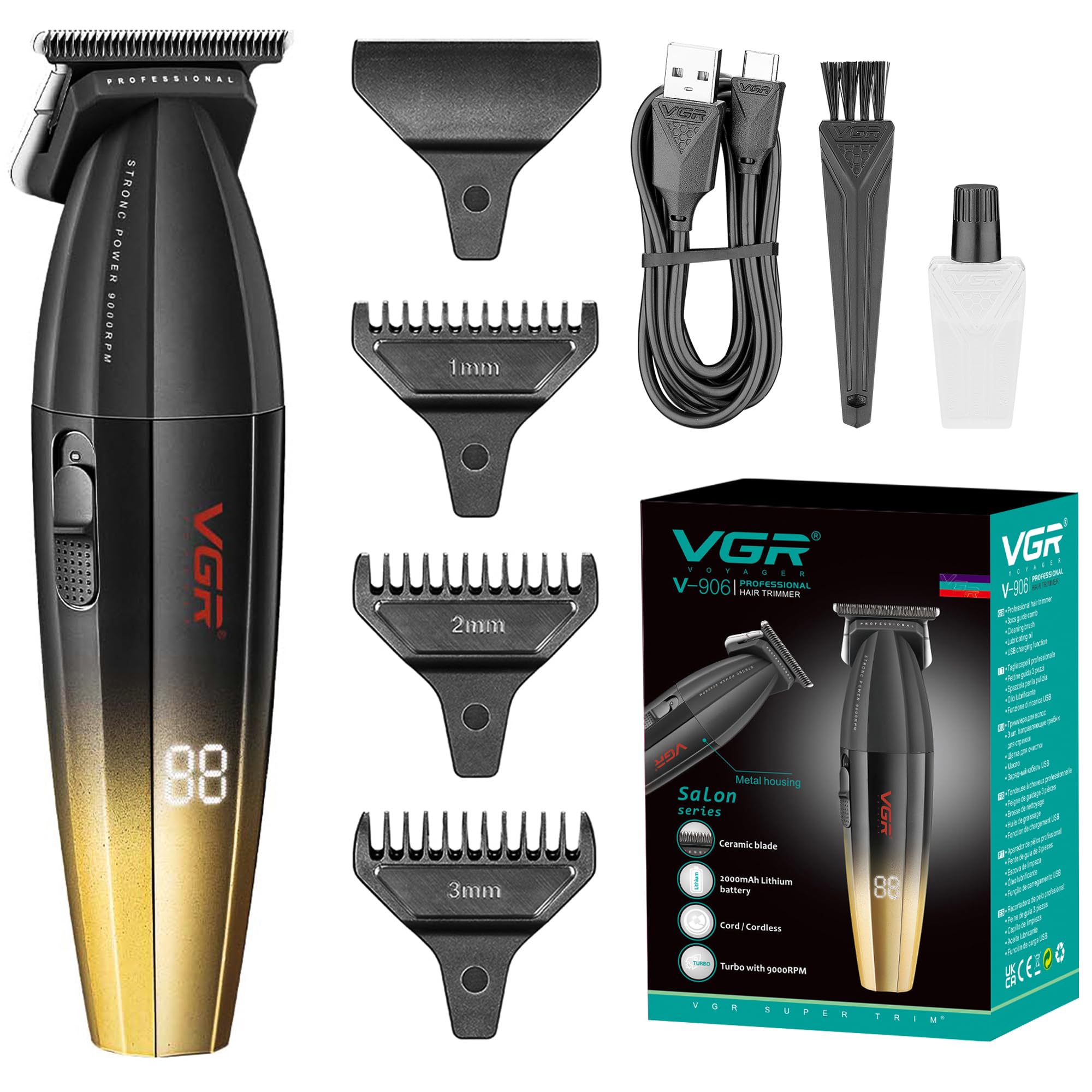 VGR Recortadora de pelo para hombre, inalámbrica, profesional, barbero, 9000 rpm, eléctrica, USB-C, recargable, batería de 240 minutos, DLC y cuchillas de cerámica para detalles de barba de precisión,