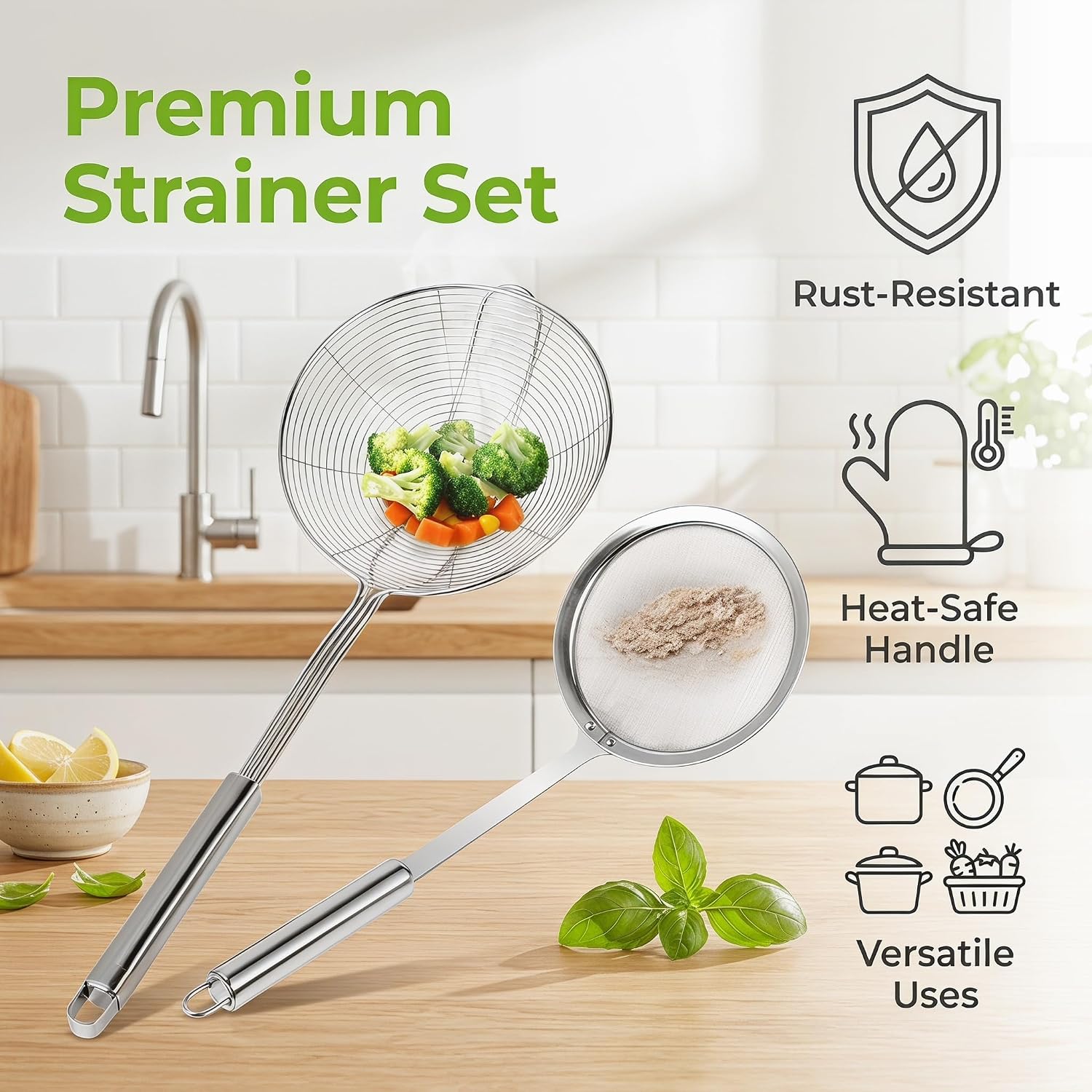 6 Inch Stainless Steel Spider Skimmer and 4.5 Inch Fine Mesh Strainer Set