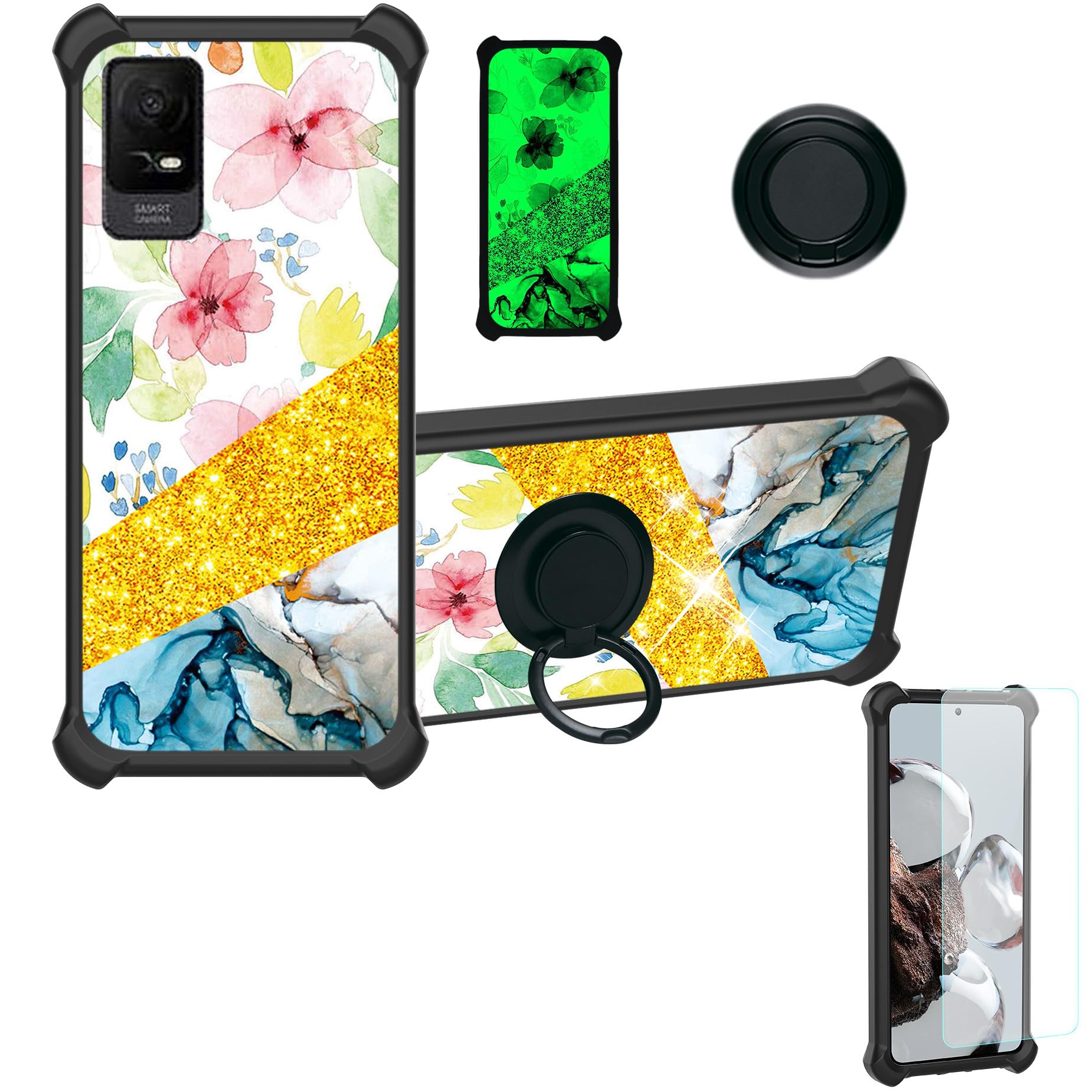 jioeuinlyCase for Mobiwire vodacom Kicka 6 4G Case Compatible with vodacom Kicka 6 4G Phone Case Cover [with Tempered Glass Screen Protector][Ring Support][Gold Glitter+Luminous] JSH-SHS