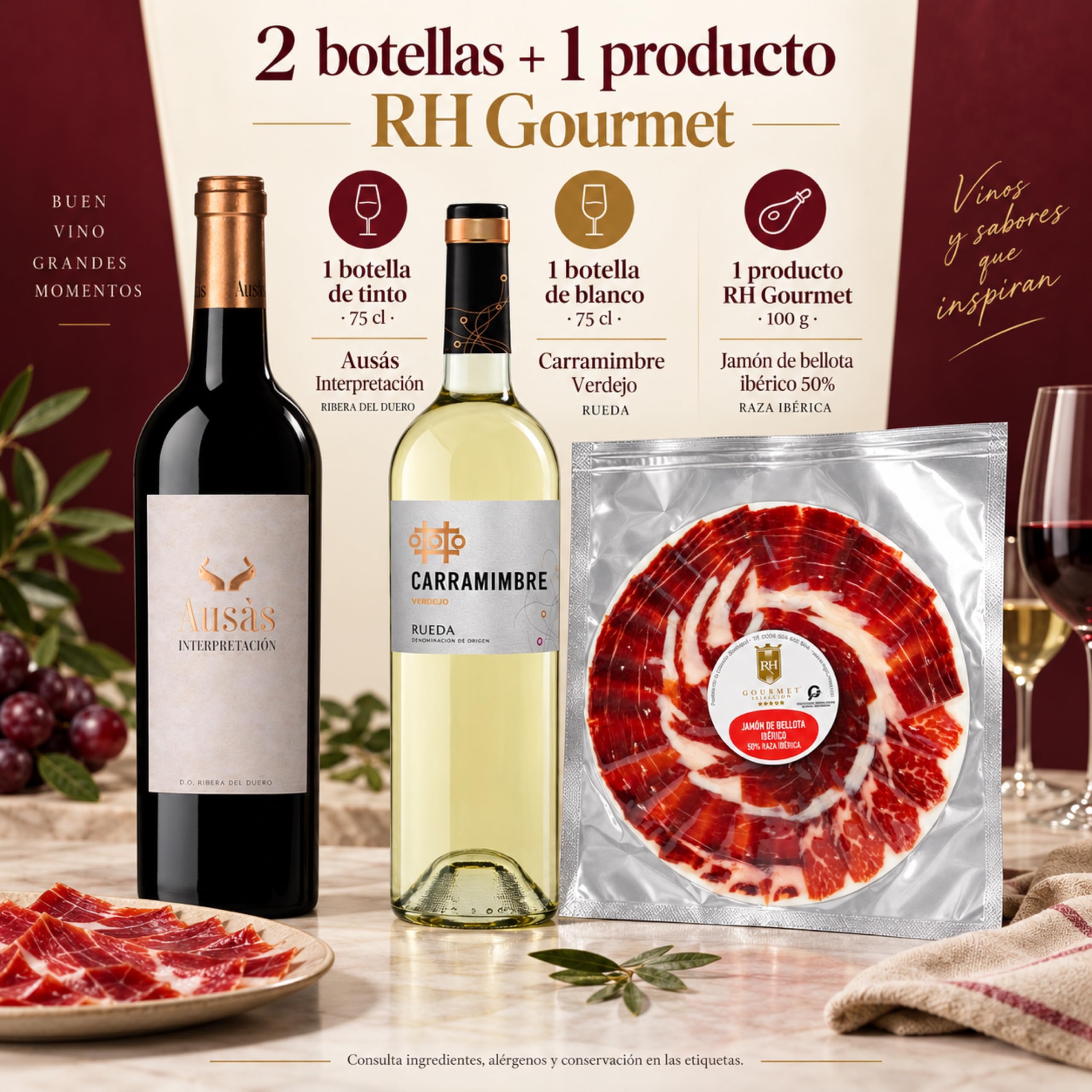 Cesta gourmet Navidad Ausás Interpretación y Carramimbre Verdejo con jamón de bellota ibérico 50% corte a cuchillo 100 g RH Gourmet, pack de 2 botellas 75 cl