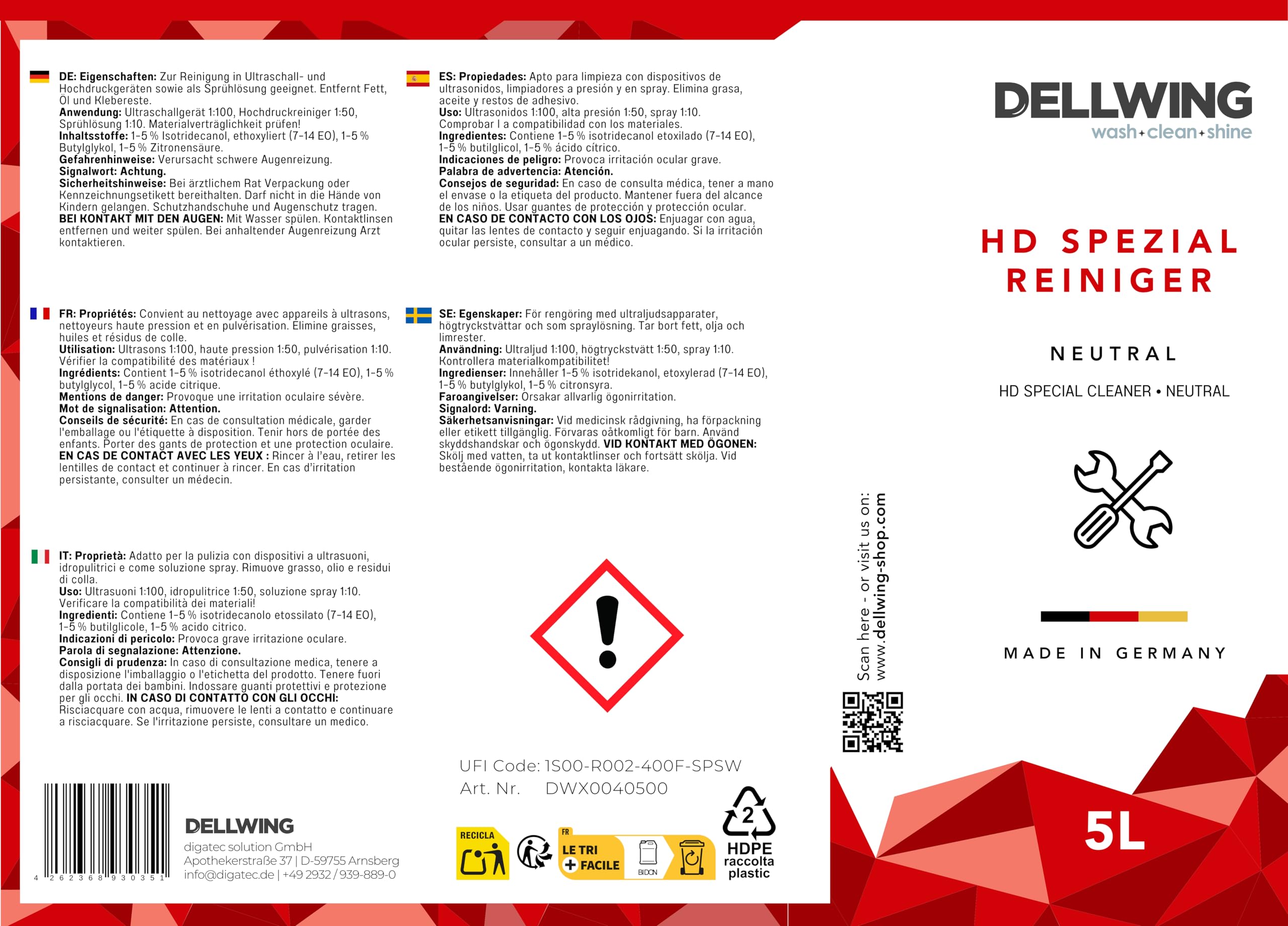 Dellwing HD Detergente speciale 5 l, concentrato neutro per gioielli, monete e oro, Made in Germany
