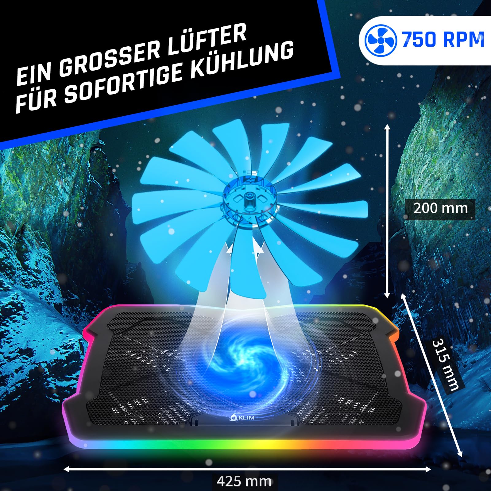 KLIM Ultimate Laptop Kühler + NEU + Gaming Cooling Pad + Stabiler RGB Ständer mit Lüfter + Kompatibel bis zu 17" + USB-Lüfter + Für PC Mac PS5 PS4