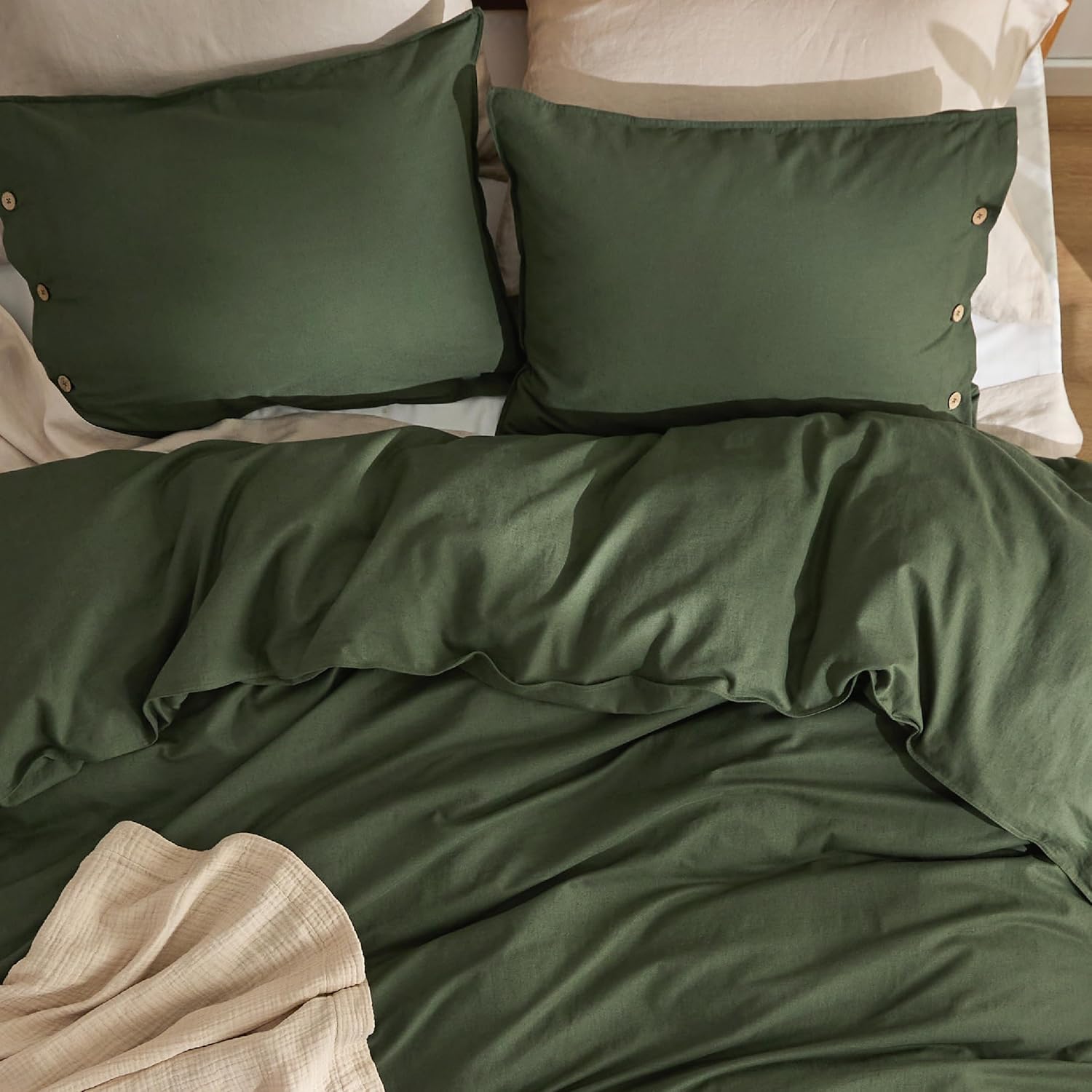 Bedsure Linen Duvet Cover Queen - Linen Cotton Blend Bedding Set, Soft & Cozy, 3 Pieces, 1 Duvet Cover 90x90 Inches and 2 Pillowcases, Olive Green Color Cooling Bedding, Comforter Sold Separately - Image 2