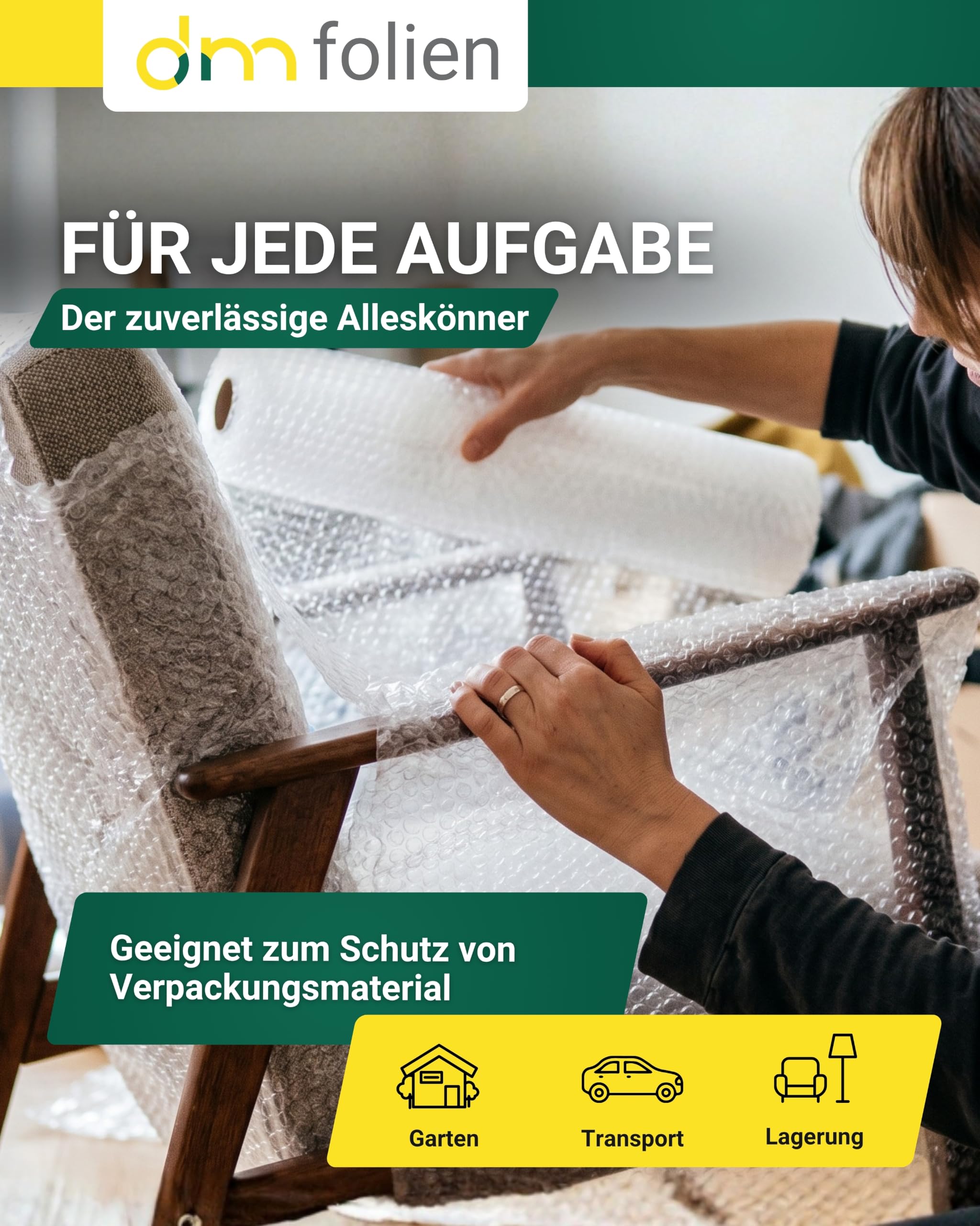 dm-folien Jumborolle Luftpolsterfolie I 1 x 50 m I 10 mm Noppen I 2-lagige, reißfeste & stoßdämpfende Verpackungsfolie I 60 my Noppenfolie für Versand, Umzug & Transportschutz