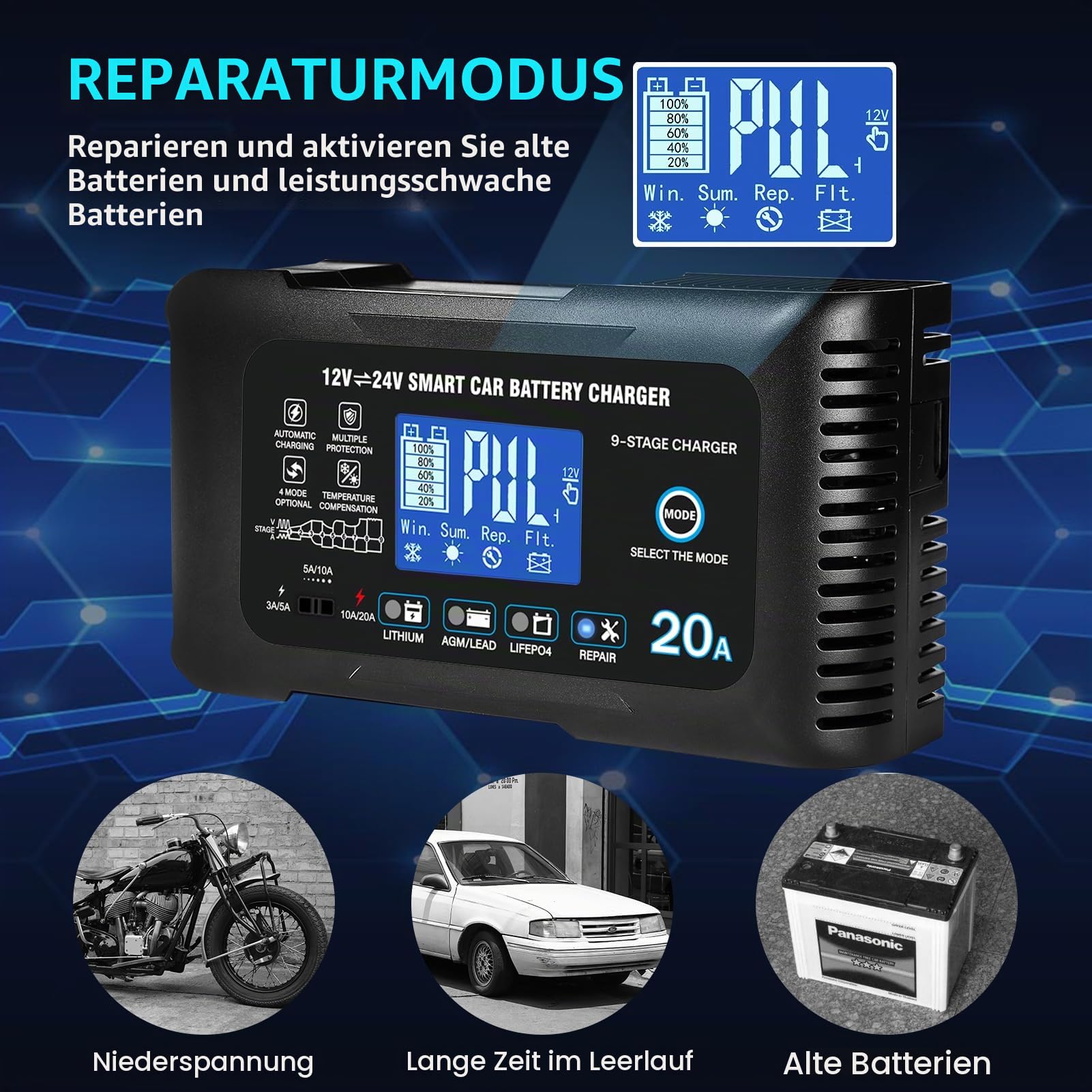 Haisito 20A Autobatterieladegerät, 12V 24V 20A, Erhaltungsladegerät und Entschwefelungsgerät, geeignet für Lithium, LiFePO4, Bleisäure (AGM, Gel usw.) Motorräder, Autos, Boote, Rasenmäher usw.