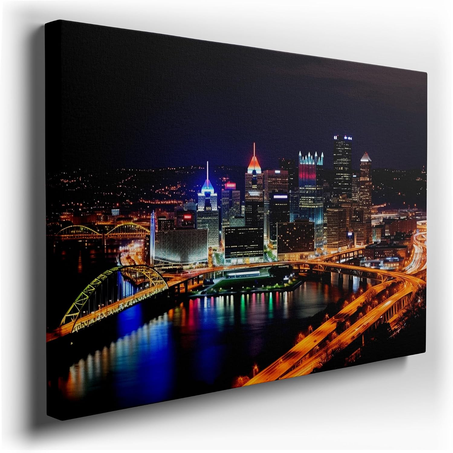 Canvas for Living room. Pittsburgh Nights: A Symphony of Light and Reflection, 27 x 18 inch Canvas Wall Art - Modern Home Decor