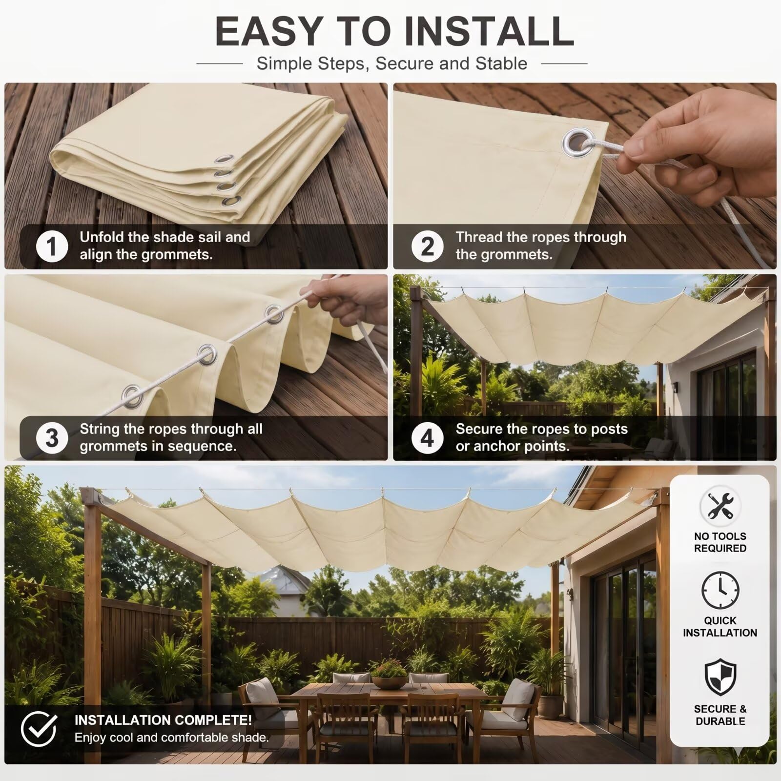 Voile d'ombrage Suspendu Vague 200x350cm Rétractable Imperméable Toile Solaire pour Pergola et Tonnelle Jardin Beige