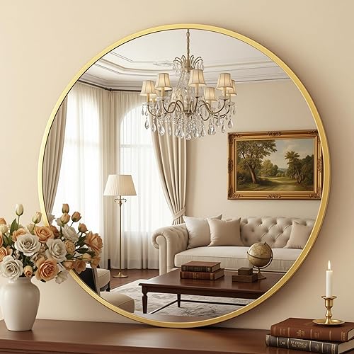 Antok Espejo redondo de 24 pulgadas para pared, espejo redondo de baño, espejos de pared circulares con marco de metal dorado, espejos circulares