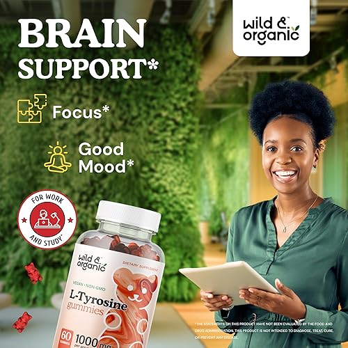 Miniatura 2 de Wild & Organic L - Gomitas de tirosina de 1000 mg, suplemento de apoyo cerebral para la concentración y el estado de ánimo, gomitas veganas de