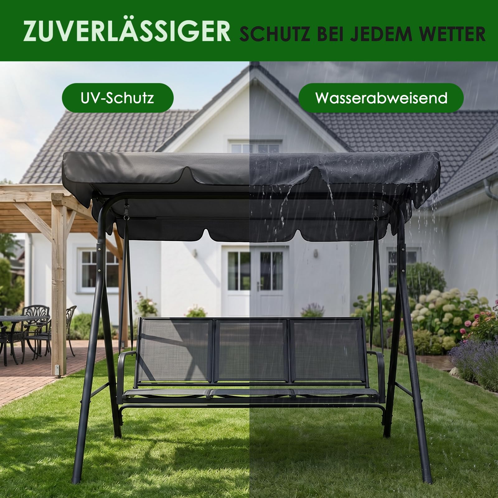 Hollywoodschaukel Dachbezug 3-Sitzer, 210x145cm, UV-Schutz | wetterfest, reißfest, Ersatzdach für Gartenschaukel, für Outdoor, Garten & Terrasse