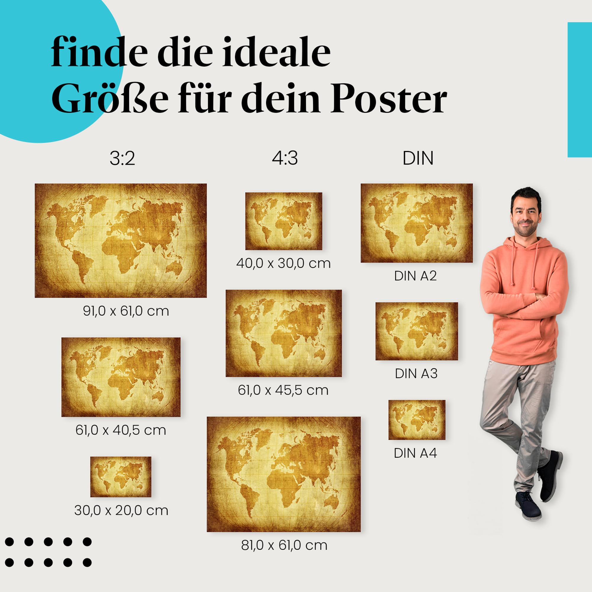Postereck - 0273 - Vinatge Weltkarte, Erde Kontinente Karte - Unterricht Klassenzimmer Schule Wandposter Fotoposter Bilder Wandbild Wandbilder - Leinwand - 100,0 cm x 75,0 cm