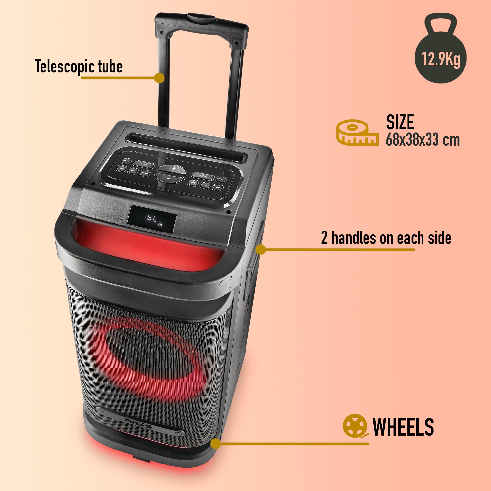 NGS Wild Space 1 przenośny głośnik kompatybilny z technologią Bluetooth i prawdziwym bezprzewodowym stereo, subwooferem + podwójny głośnik wysokotonowy (Micro SD/USB/AUX IN/), kółka, czarny