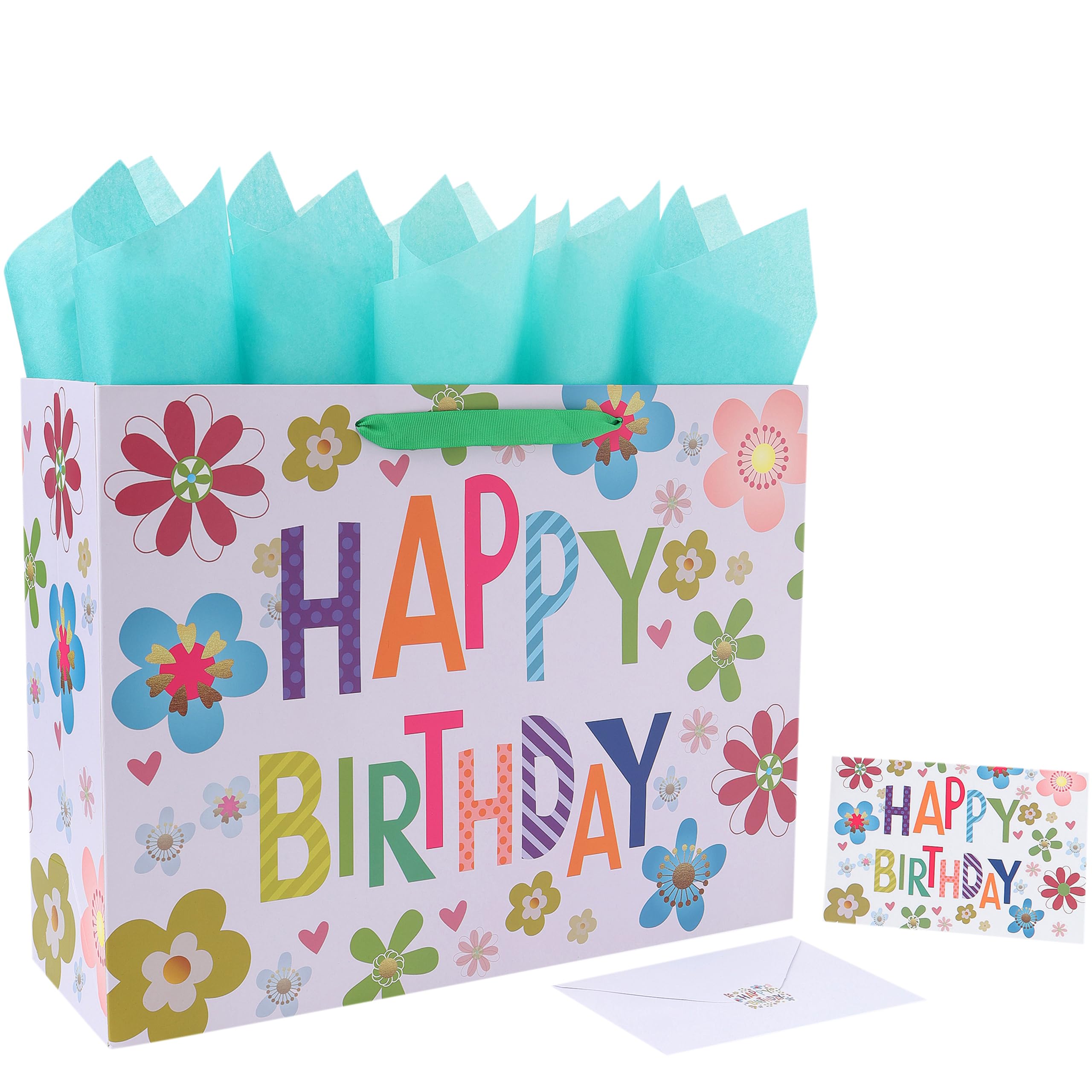 Qirrmiy 16.5” Extra Large Colorful Happy Birthday Gift Bag Set with Handles, Greeting Card, Tissue Papers and Stickers for Kids, Women, Girls, Newborn, New Moms or Parents, 1 Pcs