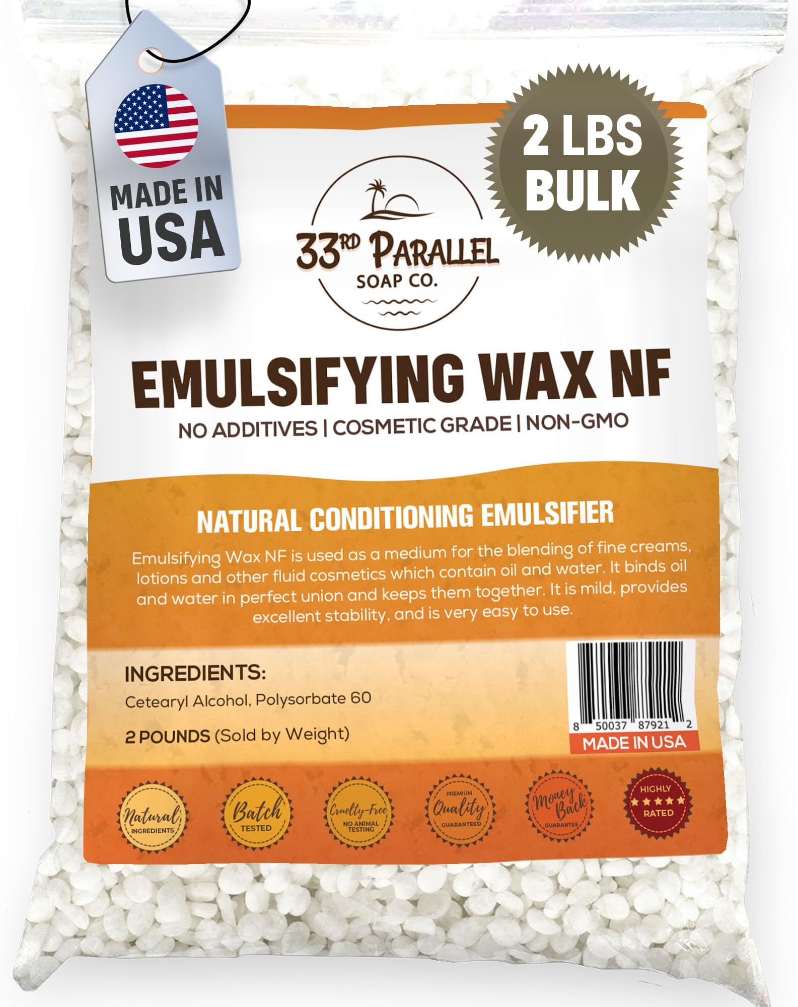 Non-GMO Emulsifying Wax NF Pastilles (2 LBS / 32 OZ) 100% Natural Plant Derived | For Lotions, Creams, Soap Making, Hair Products | Cosmetic Grade | Product of USA | 2 POUNDS