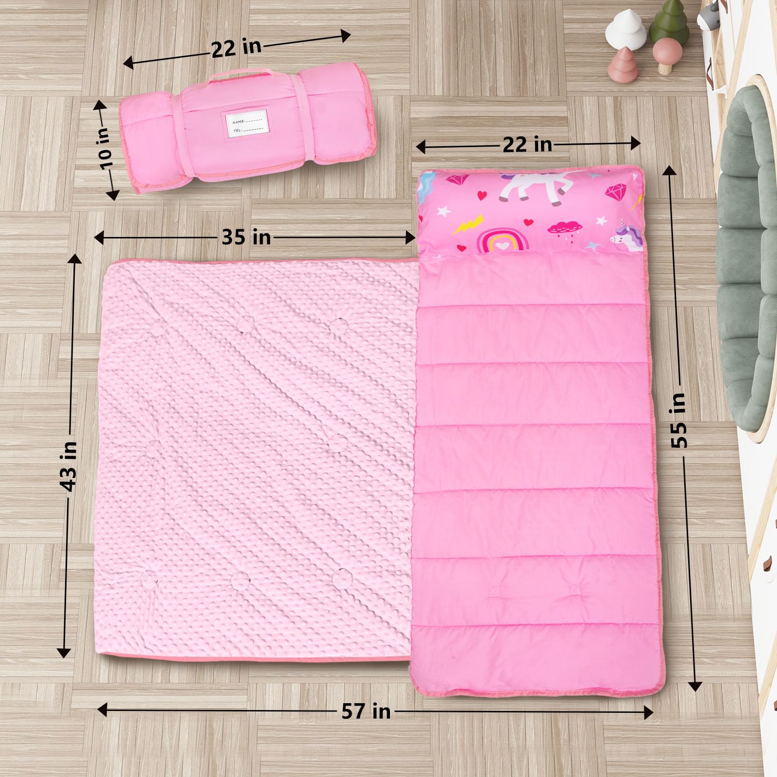 Primlect Toddler Nap Mat with Removable Pillow and Fleece Blanket, Extra Large 55''x35'' Sleeping Bag, Washable, Light, Easy to Roll up, Perfect for Daycare, Preschool, Kindergarten, Travel (Unicorn)