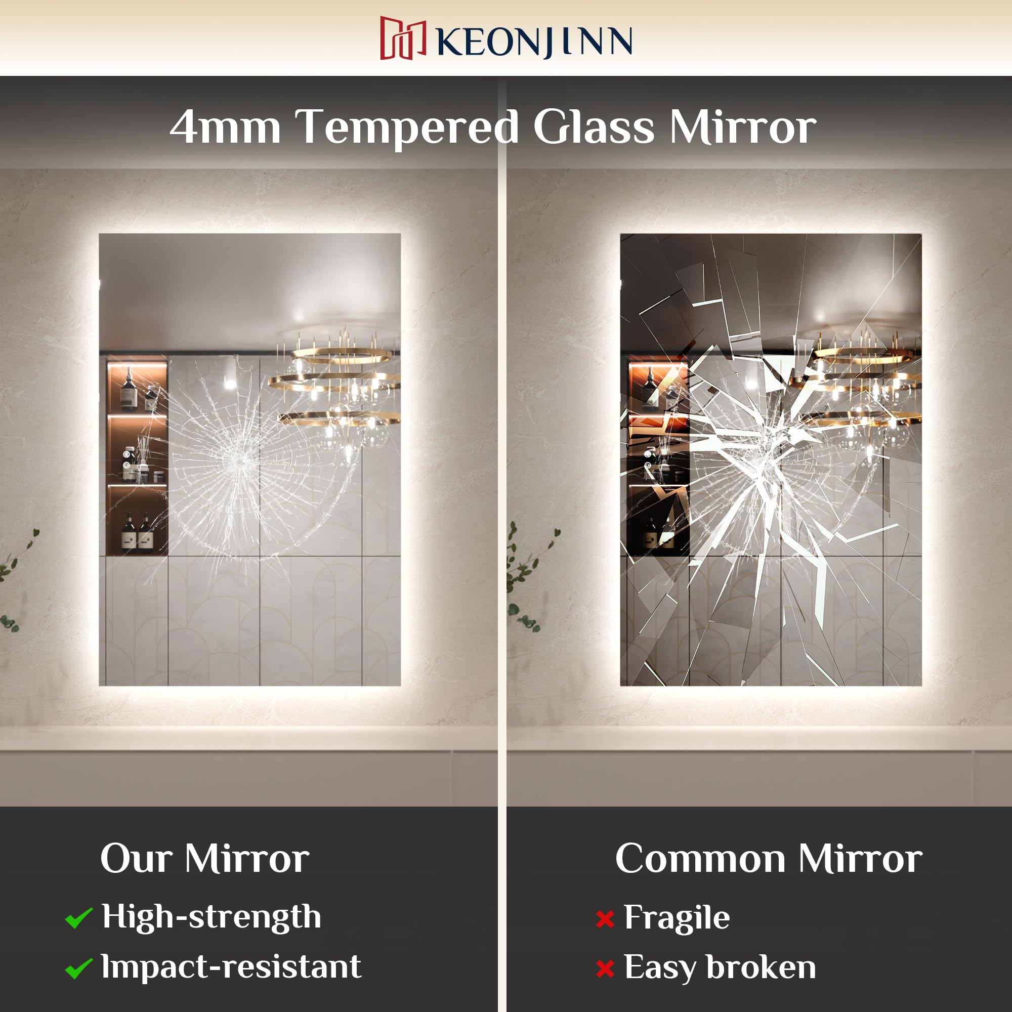 Keonjinn 100x80cm Miroir LED Salle de Bain avec Eclairage, Miroir Carré Rétroéclairé Antibuée, 3 Couleurs Lumière, Gradable, Mémoire, Verre Trempé IP44 Étanche, Horizontal/Vertical