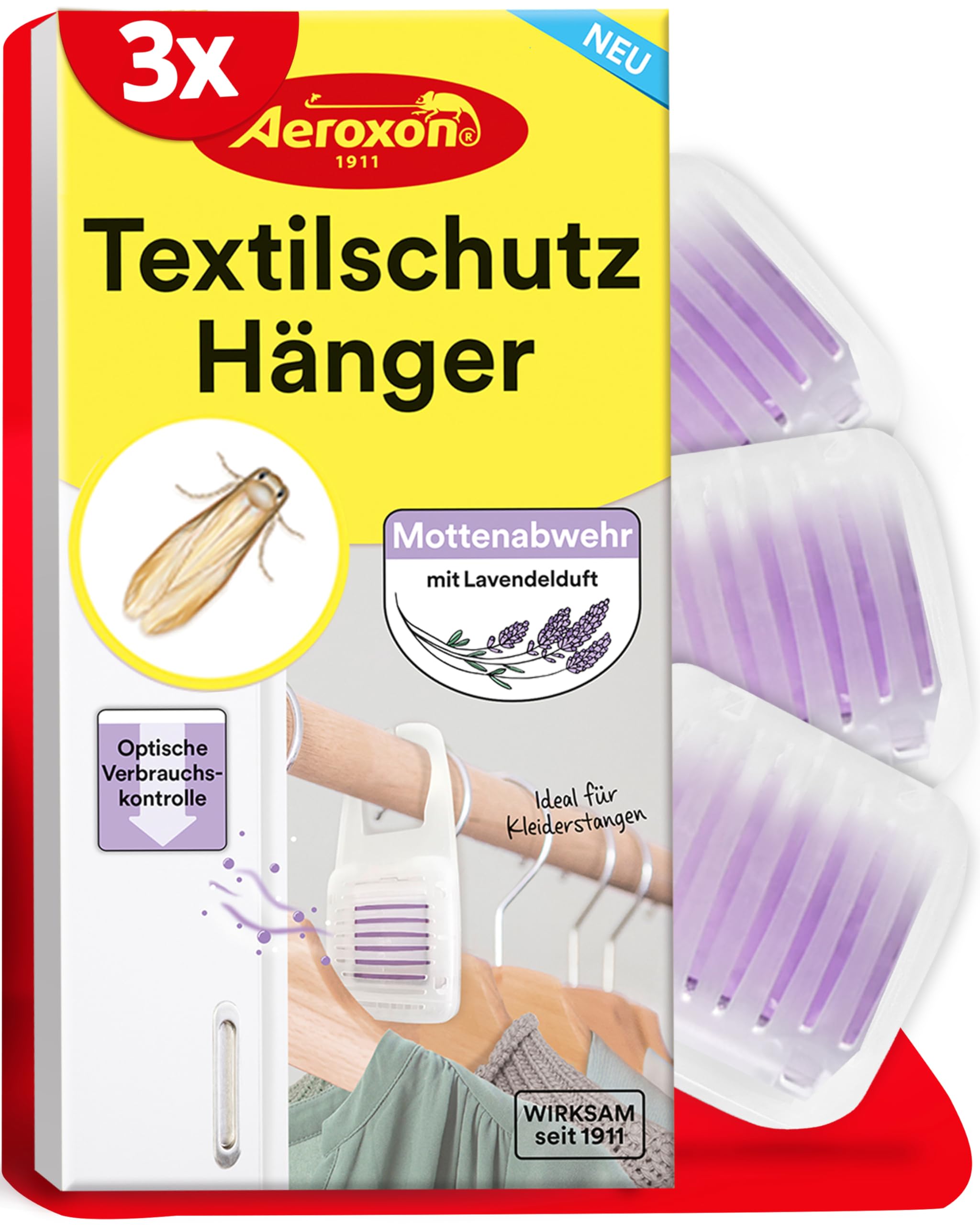 Aeroxon Textilschutzhänger 1x3 - Mottenschutz für Kleiderschrank, Wirksamer Mottenschutz von Textilien und Geweben vor Kleidermotten für bis zu 3 Monate, Mottenfalle kleidermotten mit Lavendel duft