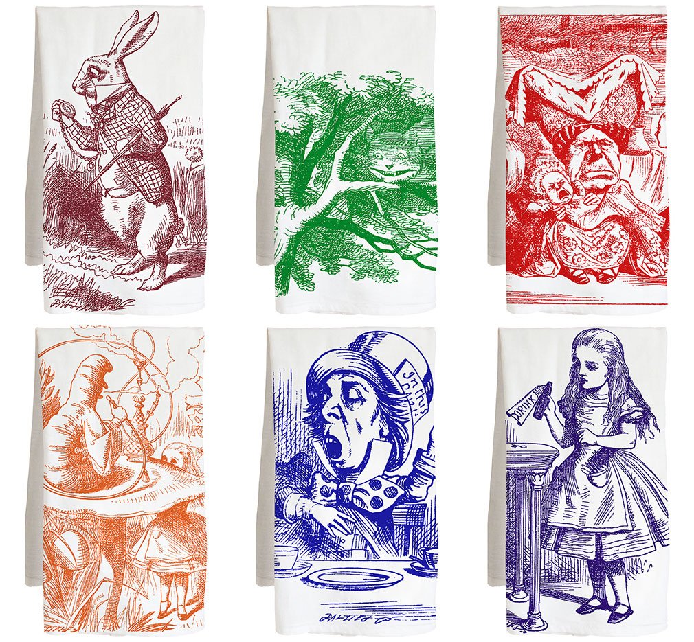 Live Nice Alice in Wonderland - SIX Pack - Literary - Multicolored Farm Flour Sack Kitchen Tea Towel