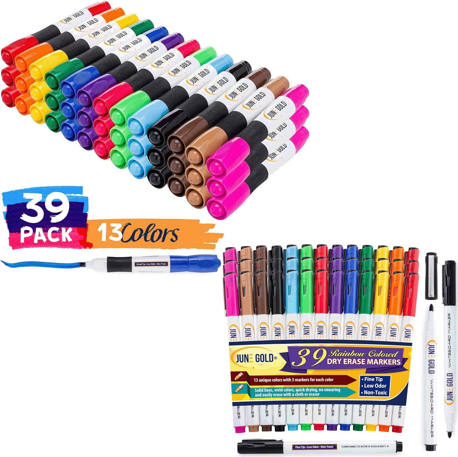 June Gold 32 Assorted Bullet and 39 Chisel Tip Dry Erase Markers, Low Odor, Comfortable Grip & Vivid Lines