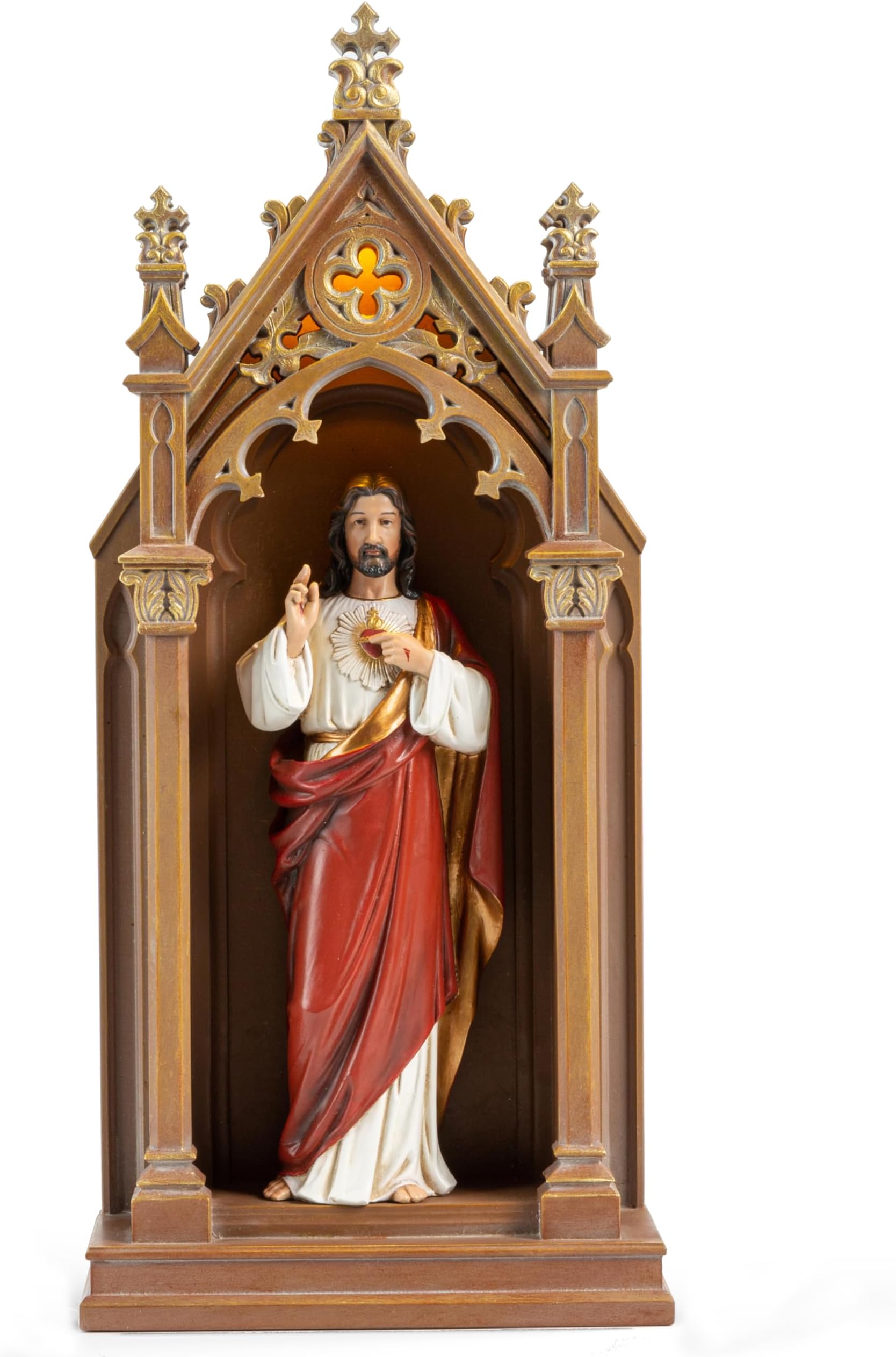 BC Catholic Sacred Heart of Jesus Statue, Jesus Christ Sculpture, 14.9" H Blessed Tabletop Shrine with LED Light, Religious Gift for Father's Day, Renaissance Sculpture Handmade by Buildclassic
